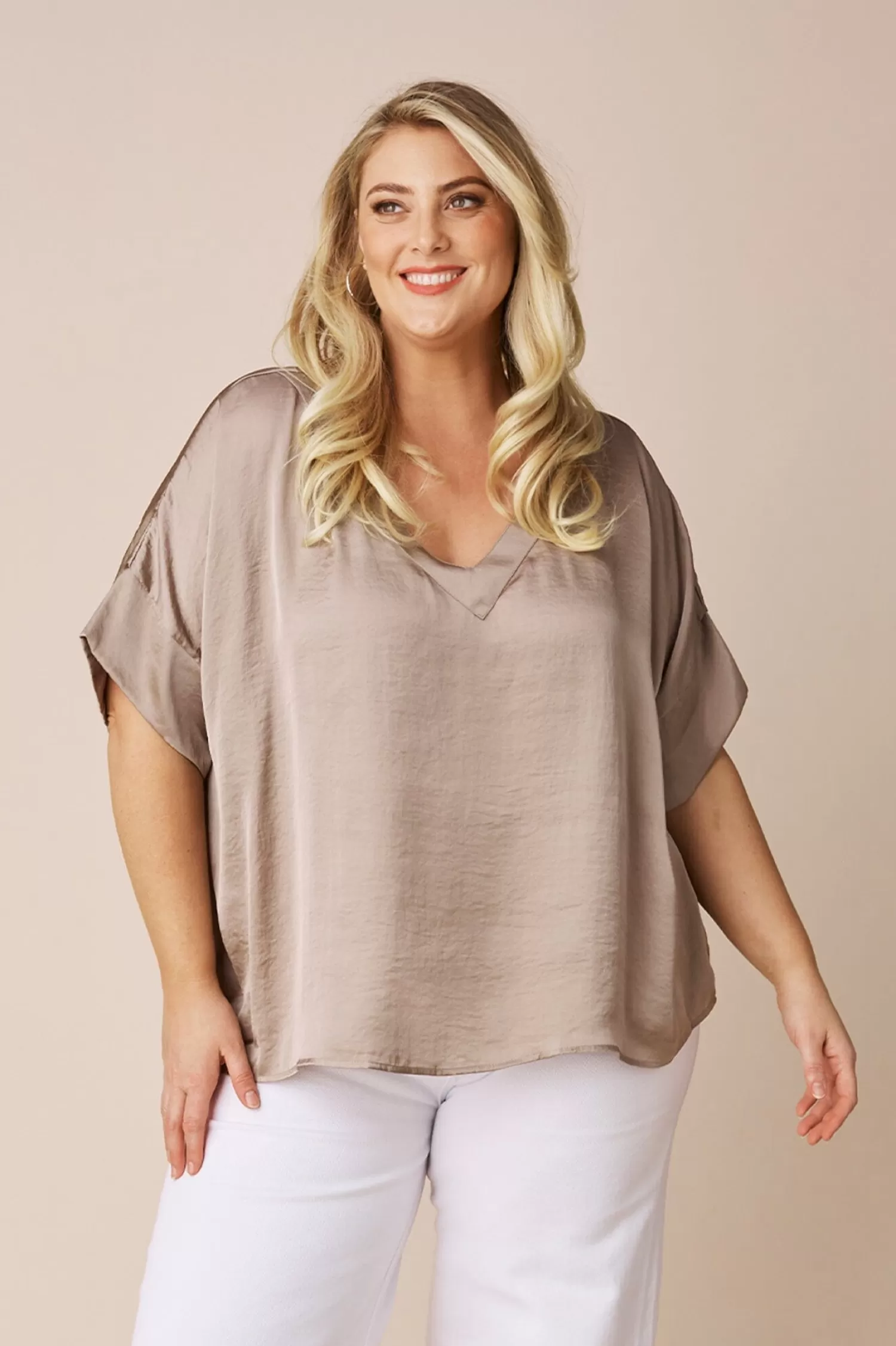 Fashion Bianca Short Sleeve Top Almond with V Neck Bianca Tops | Short Sleeve