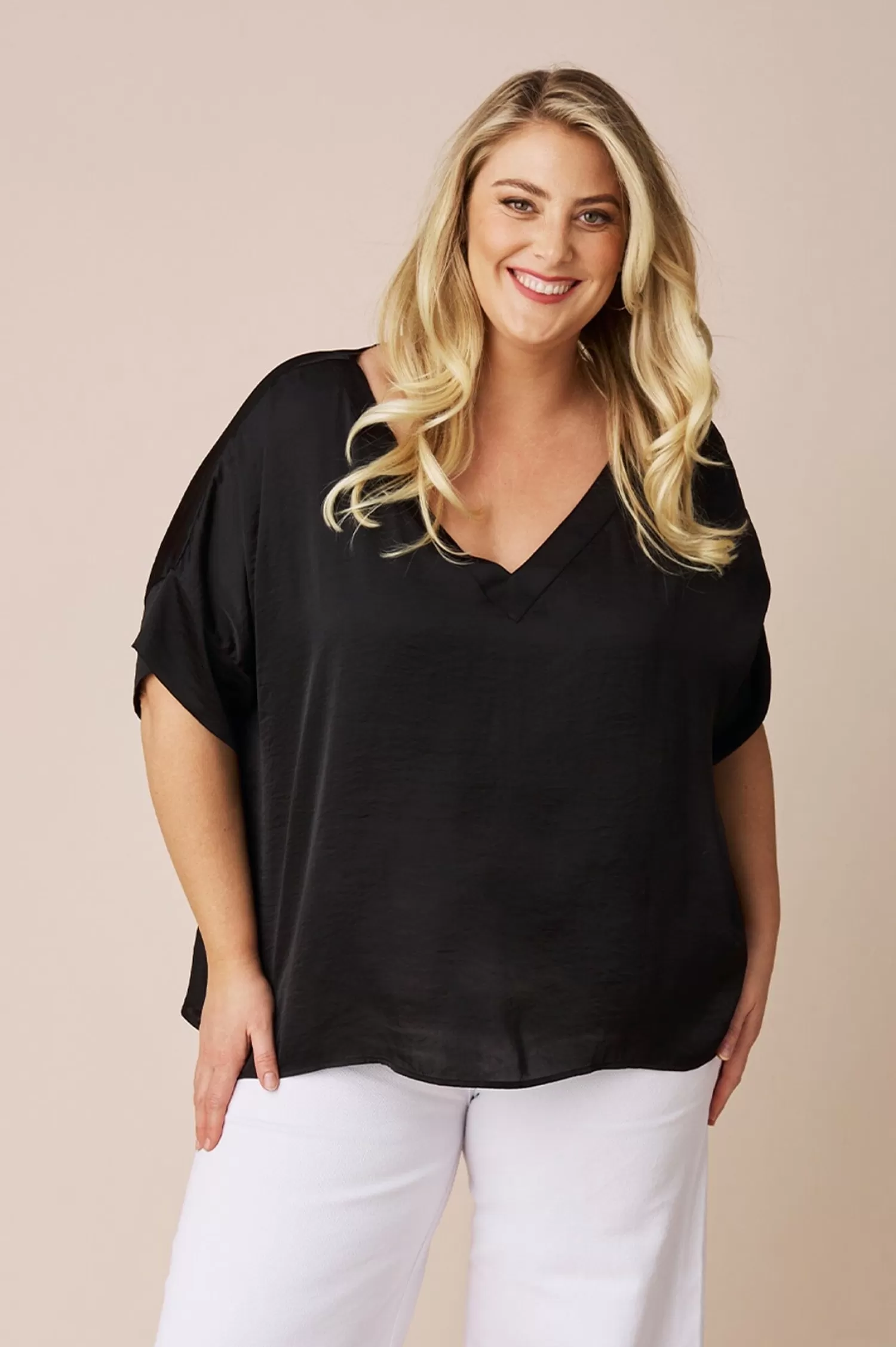 Clearance Bianca Short Sleeve Top Black with V Neck Bianca Tops | Short Sleeve