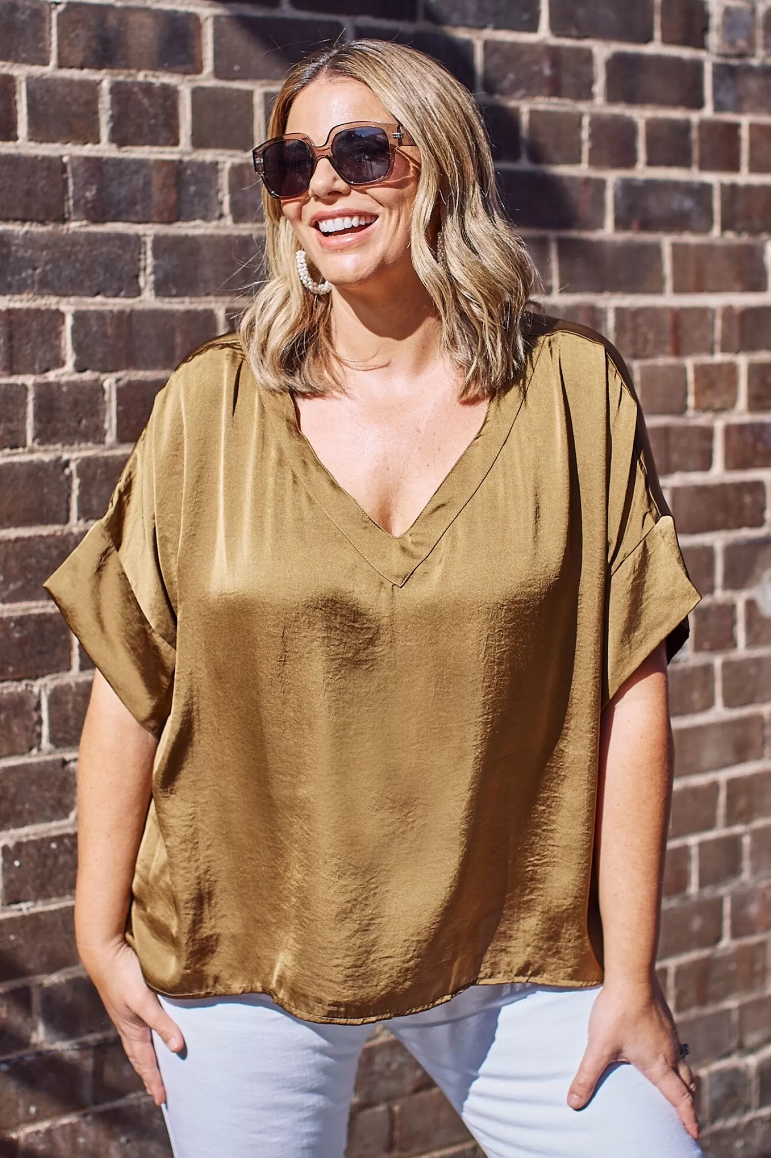 Best Bianca Short Sleeve Top Khaki with V Neck Bianca Tops | Short Sleeve