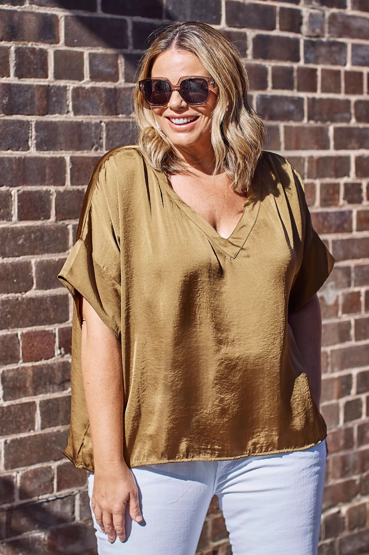 Best Bianca Short Sleeve Top Khaki with V Neck Bianca Tops | Short Sleeve