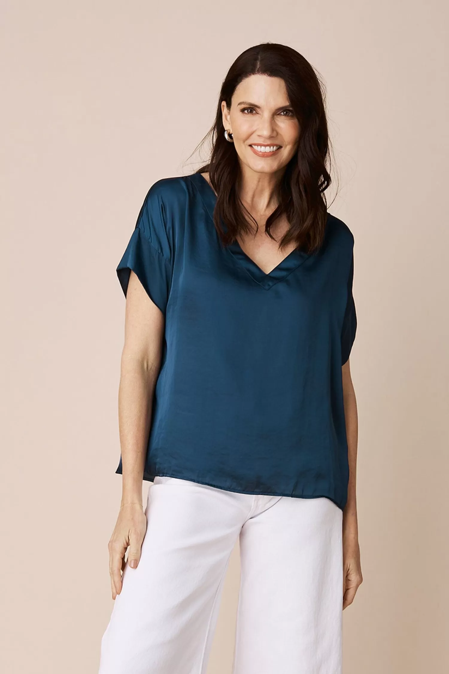 Online Bianca Short Sleeve Top Navy with V Neck Bianca Tops | Short Sleeve