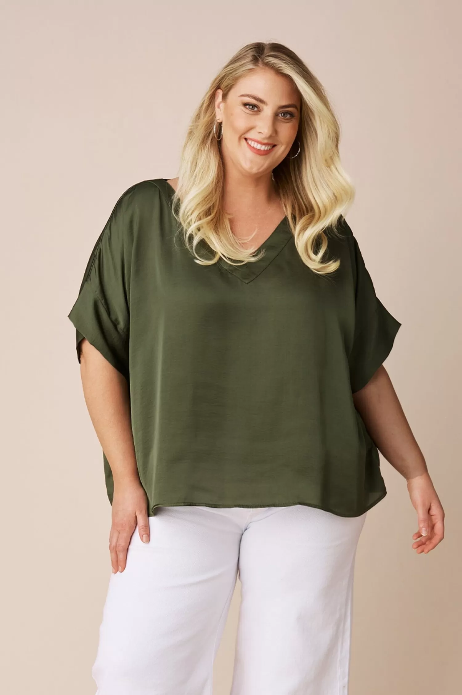 Cheap Bianca Short Sleeve Top Olive with V Neck Bianca Tops | Short Sleeve