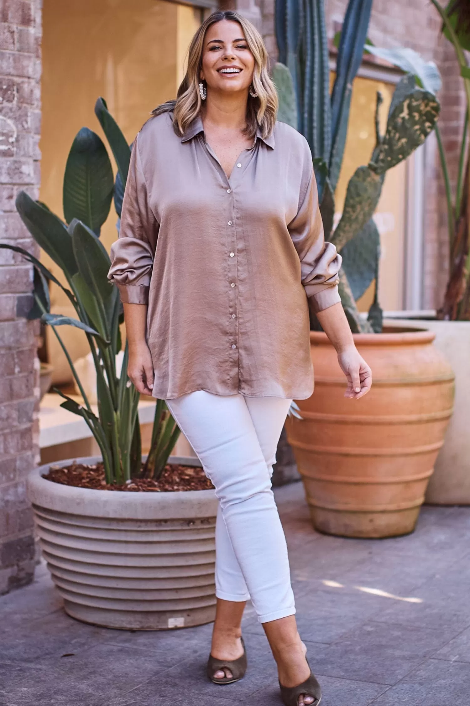 Shop Briella Long Sleeve Collared Shirt Almond Long Sleeve