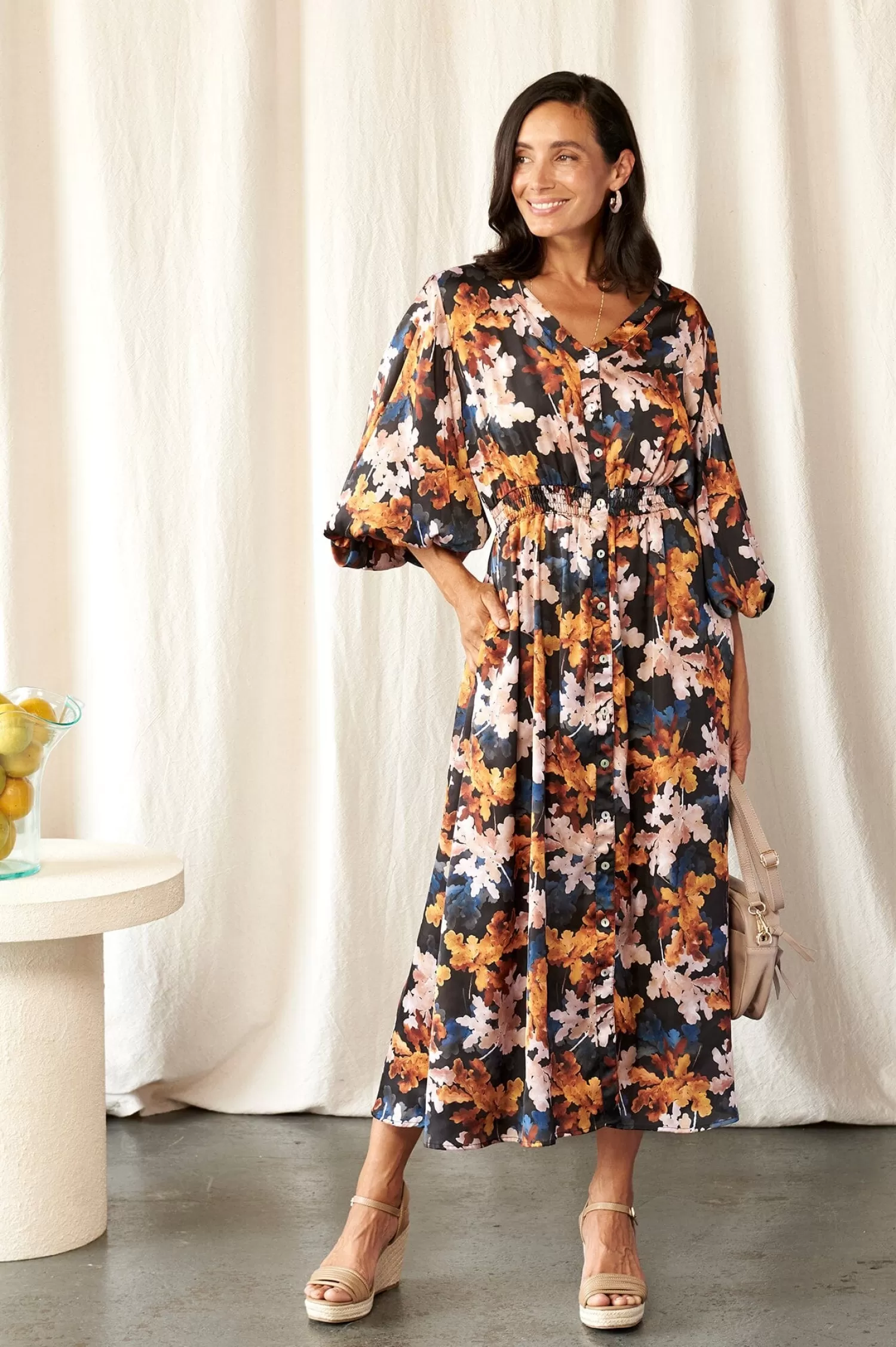 Outlet Cassia Leaf Print Dress Long Sleeve