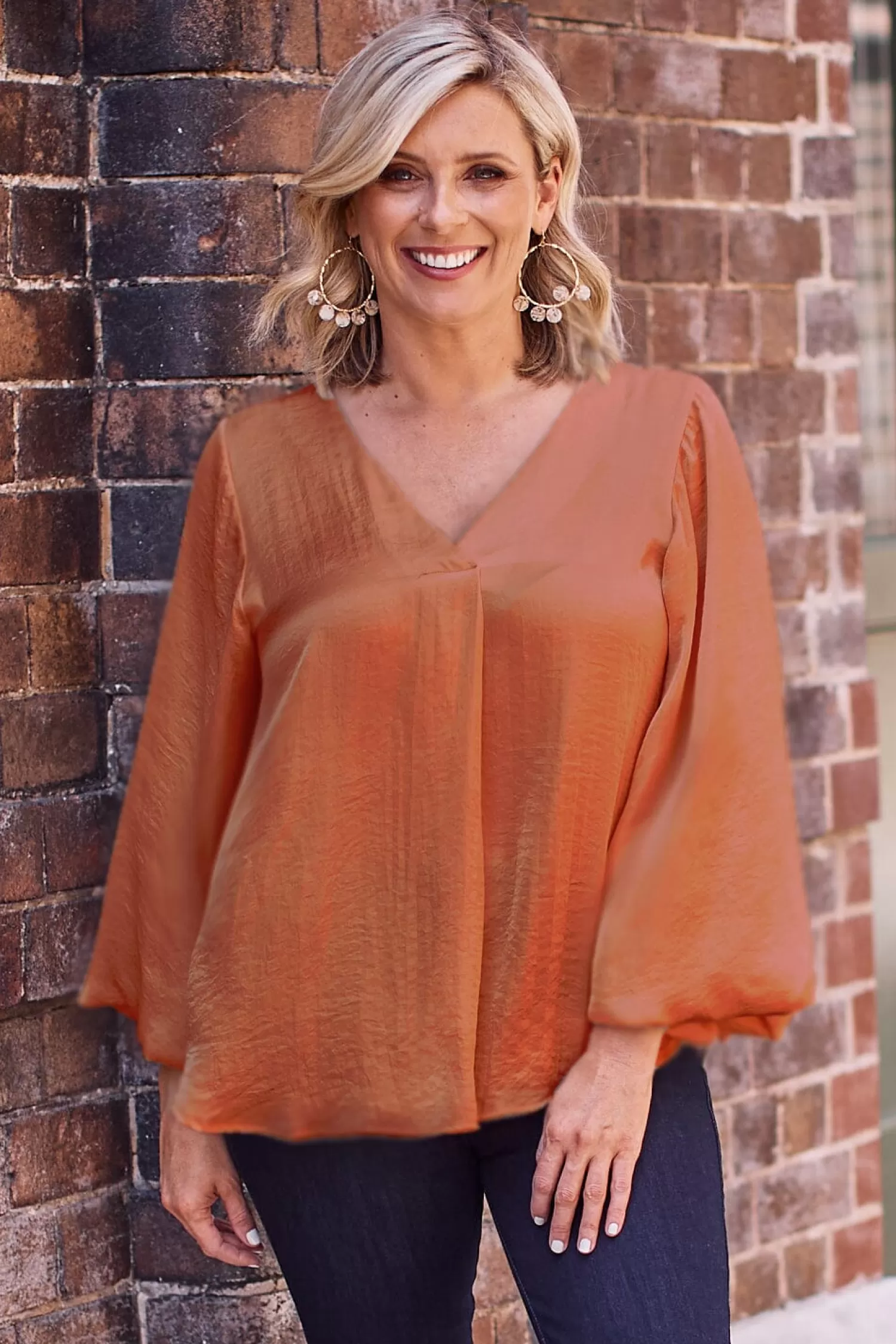 Sale Charlotte V-Neck Long Sleeve Top Terracotta Long Sleeve