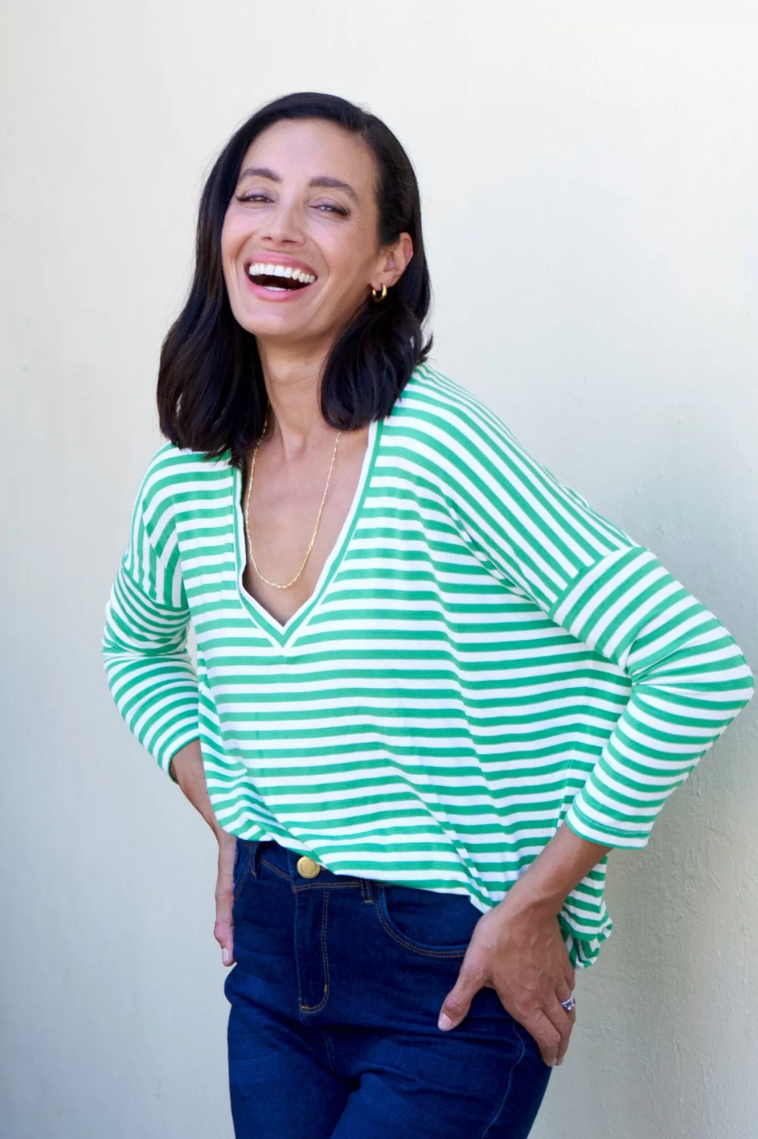 New Erica Essential Long Sleeve Top Striped Emerald Long Sleeve