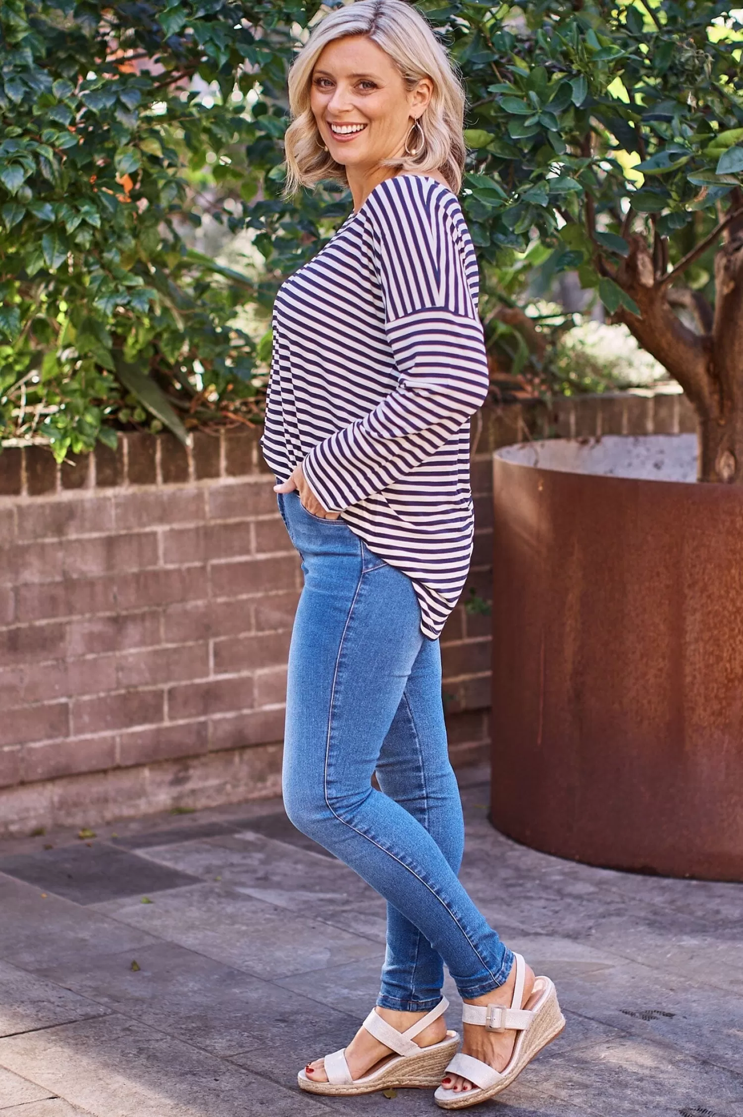 Sale Erica Essential Long Sleeve Top Striped Navy Long Sleeve