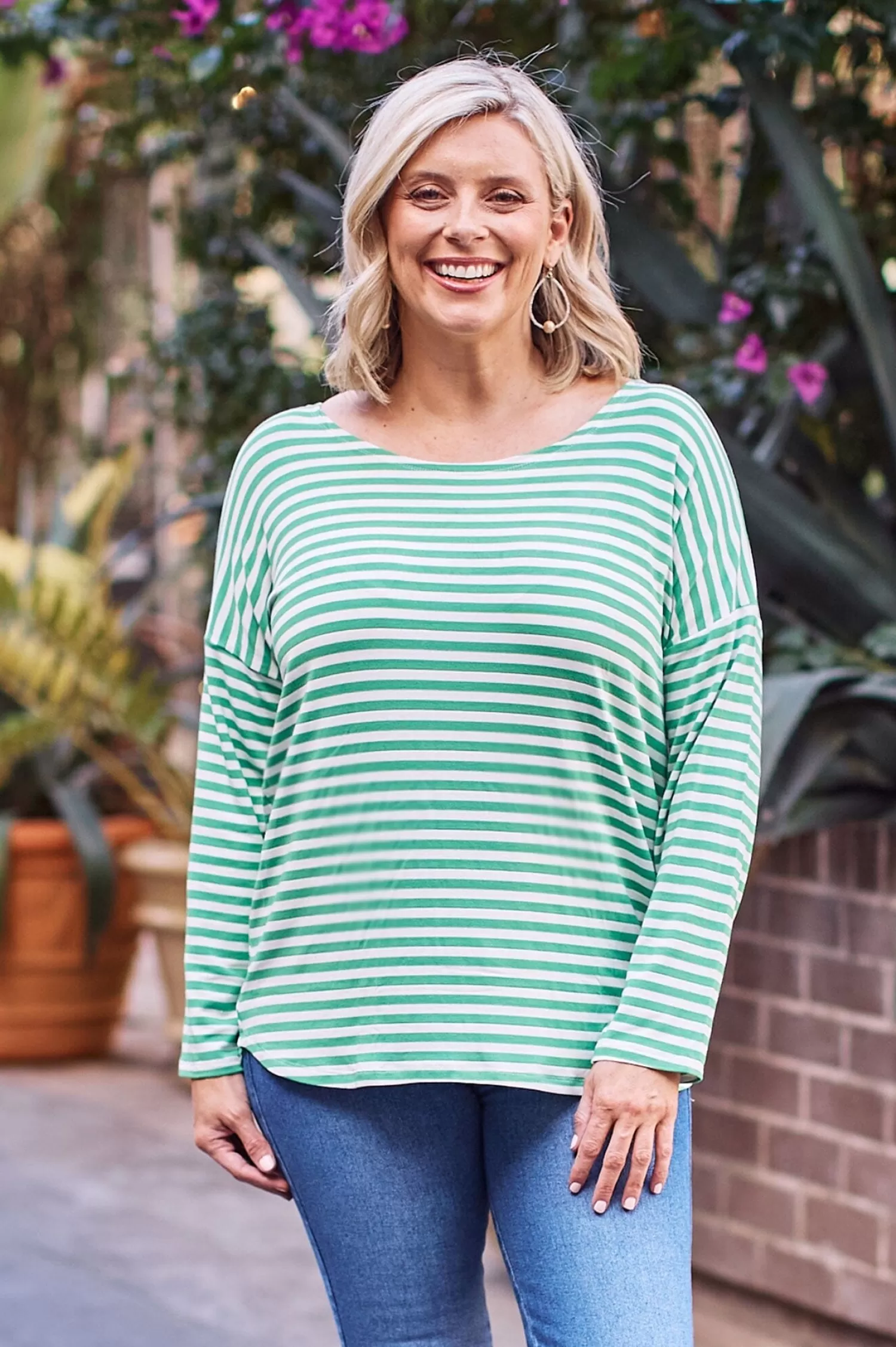 Cheap Erica Essential Top Round Neck Striped Emerald Long Sleeve