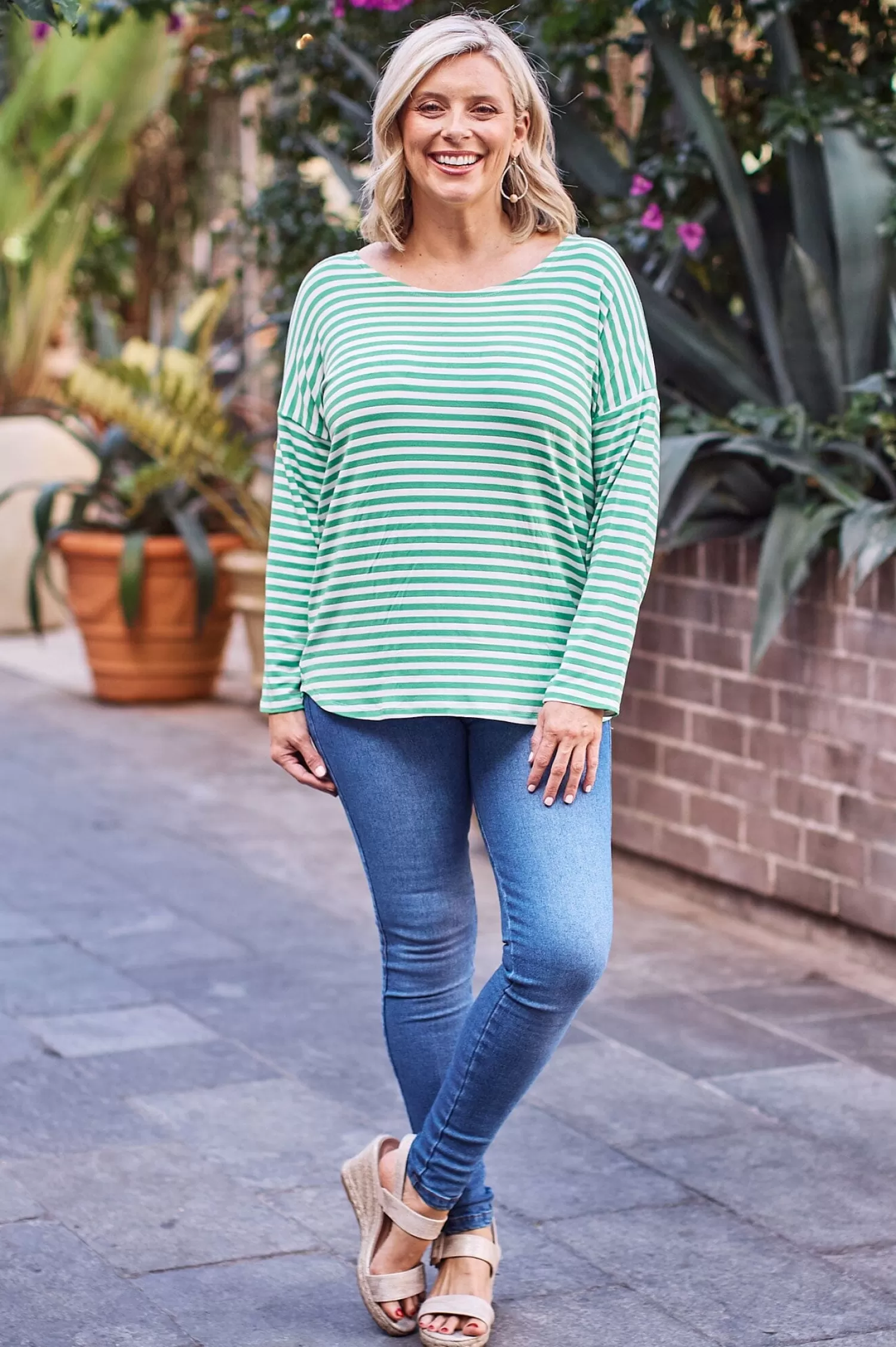 Cheap Erica Essential Top Round Neck Striped Emerald Long Sleeve