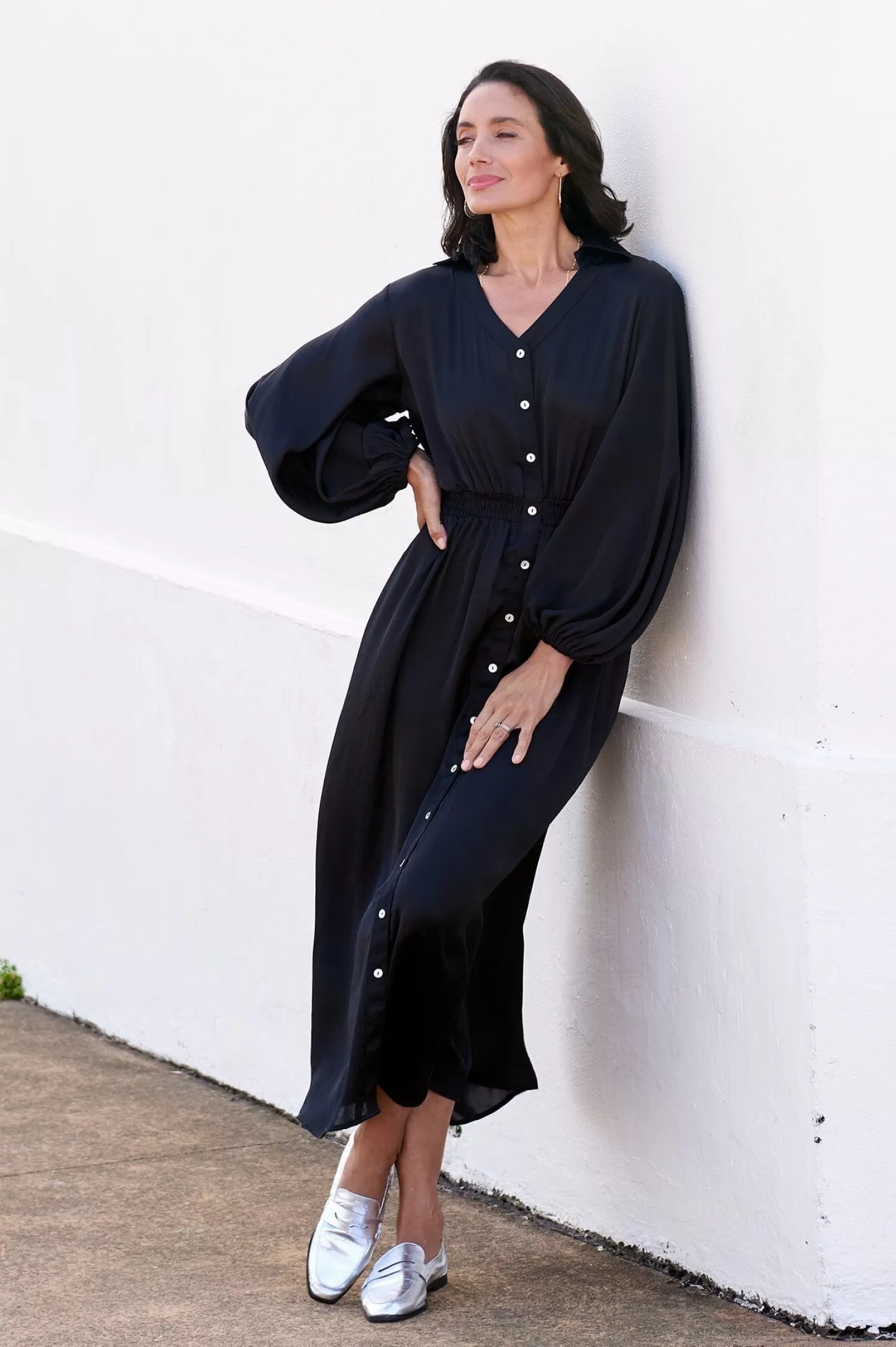 Store Georgina Long Sleeve Dress Black with Collar Long Sleeve