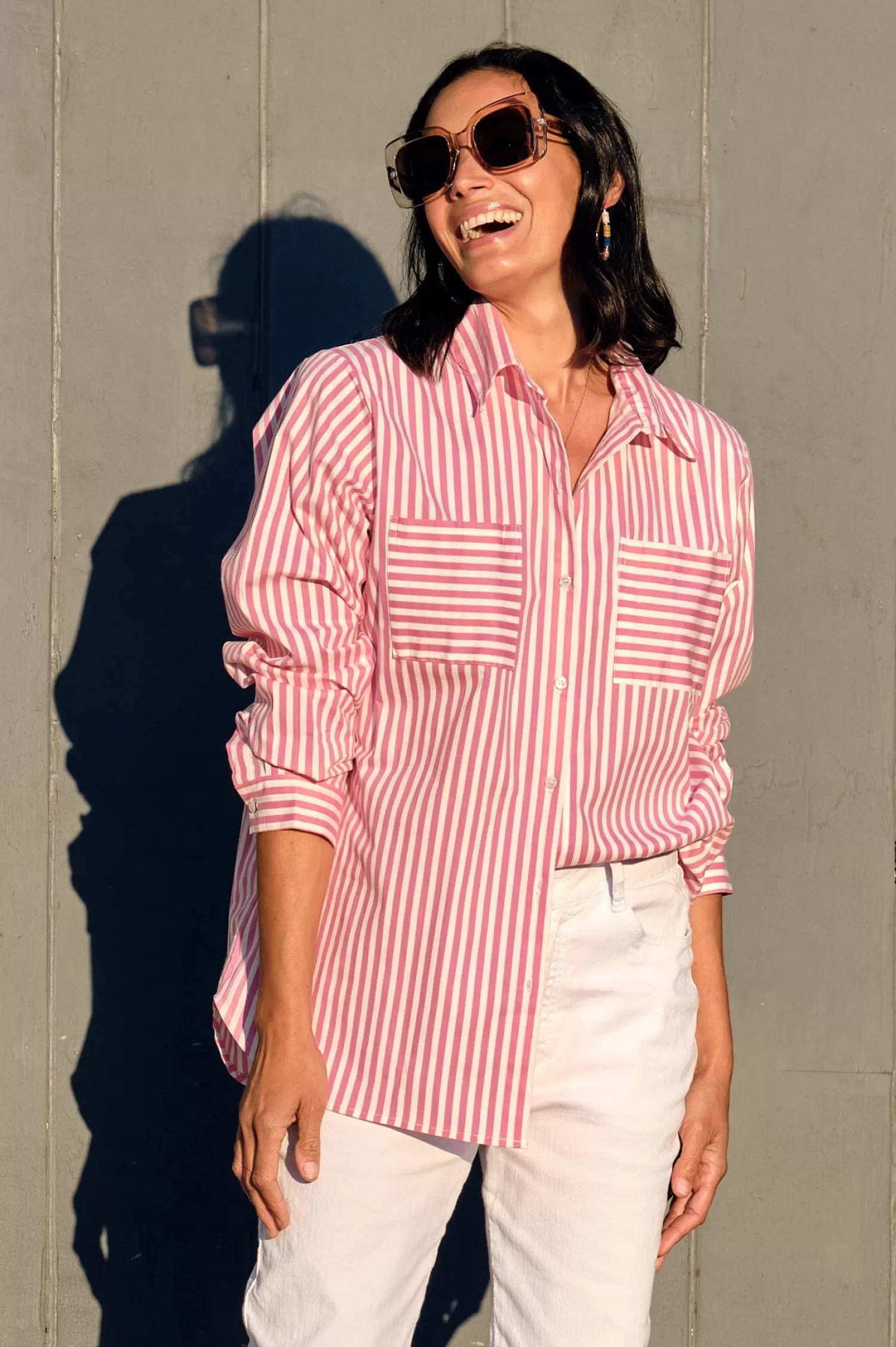 Discount Gina Long Sleeve Collared Shirt Striped Pink Long Sleeve