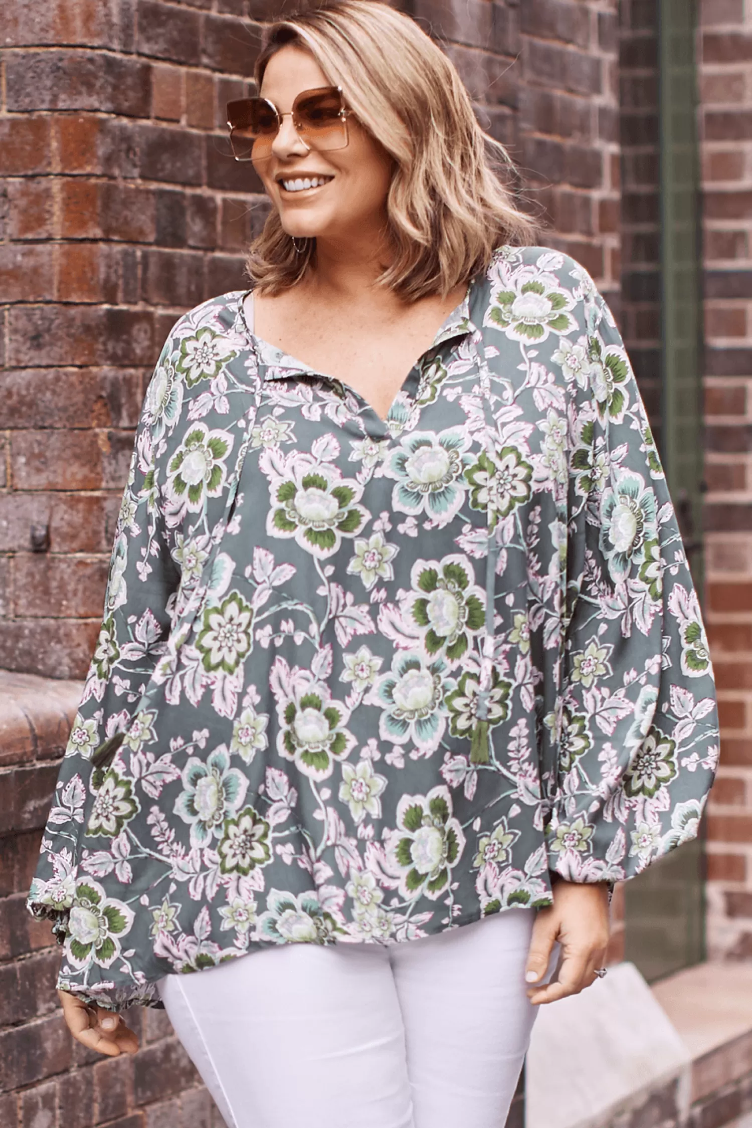 Sale Harriet Floral Long Sleeve Top Olive Long Sleeve