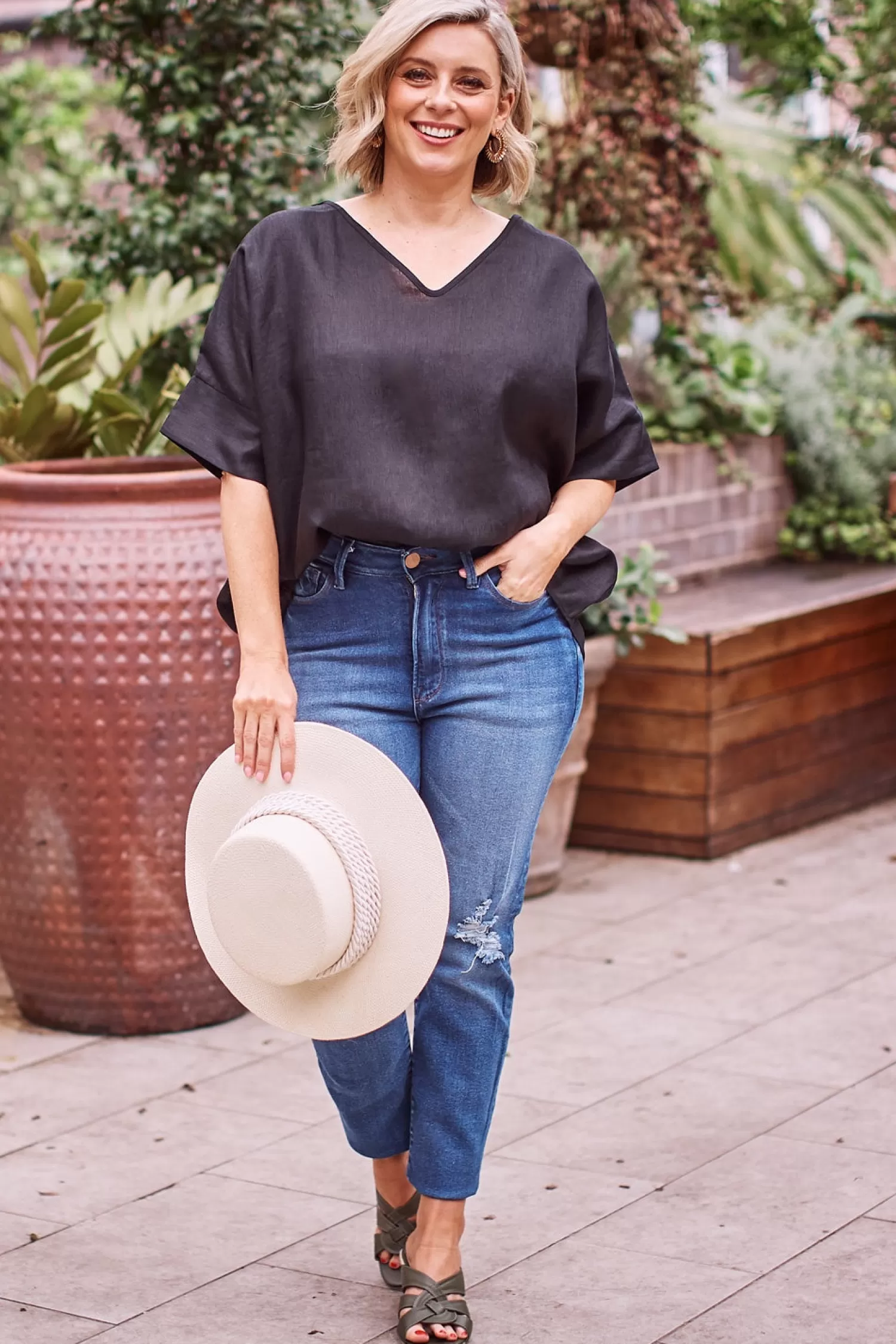 New Jenna Pure Linen V-Neck Top Black Short Sleeve