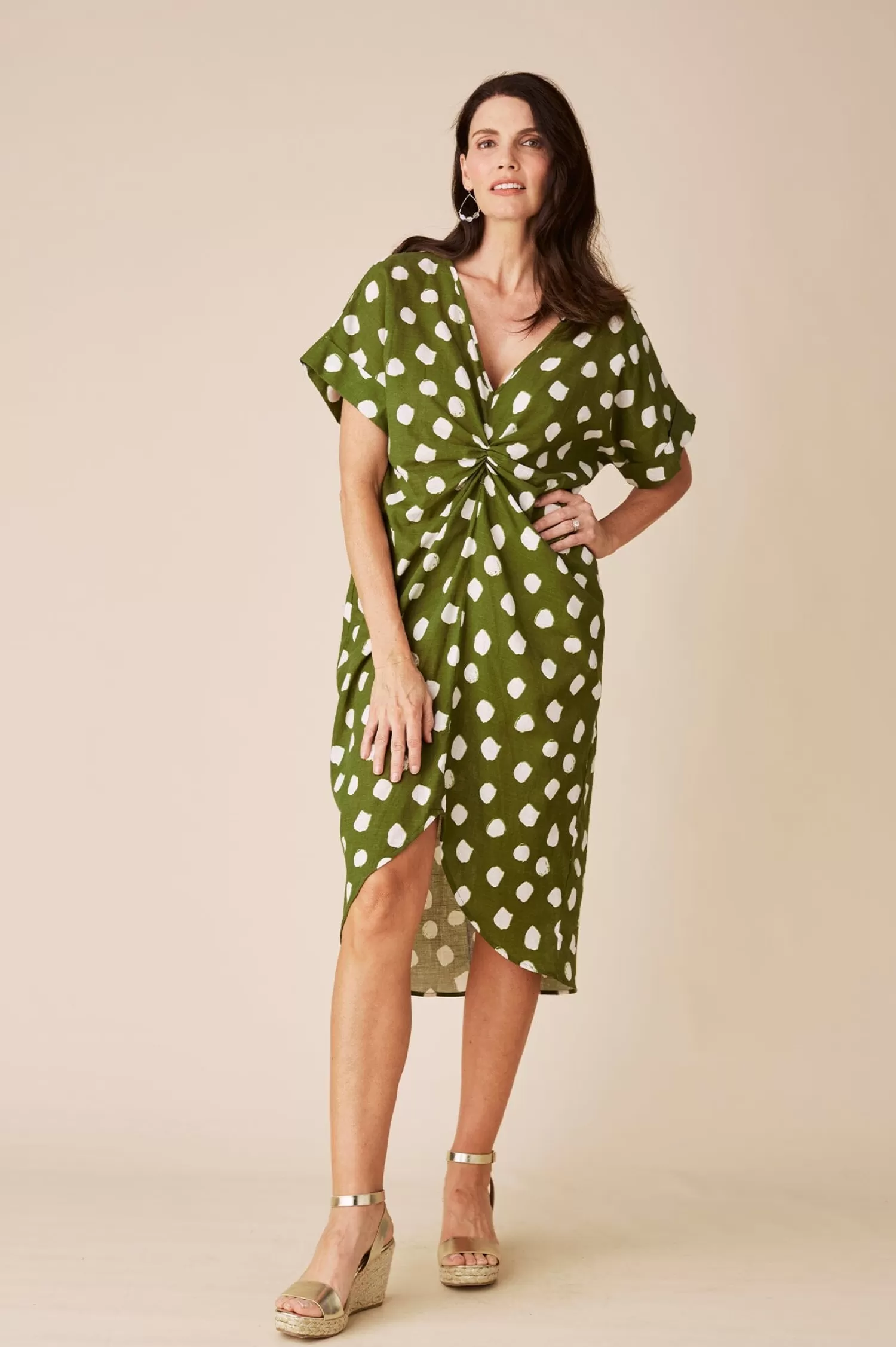 Outlet Louisa Dress Green Polka Dot Short Sleeve