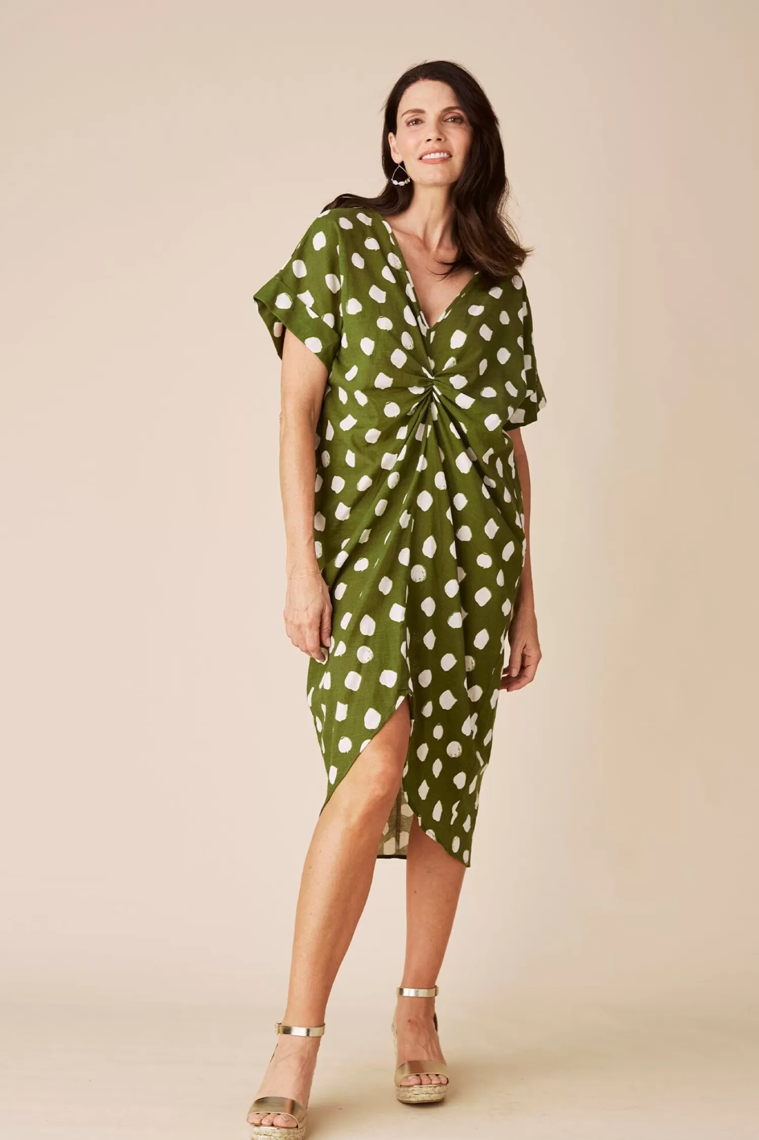 Outlet Louisa Dress Green Polka Dot Short Sleeve