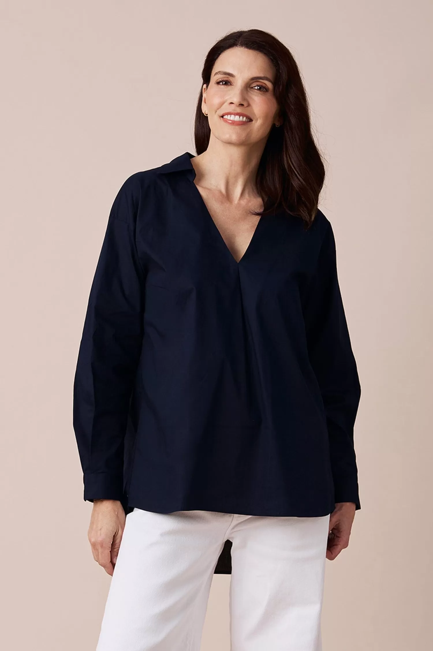 Outlet Lynette Collared Long Sleeve Shirt Navy Long Sleeve