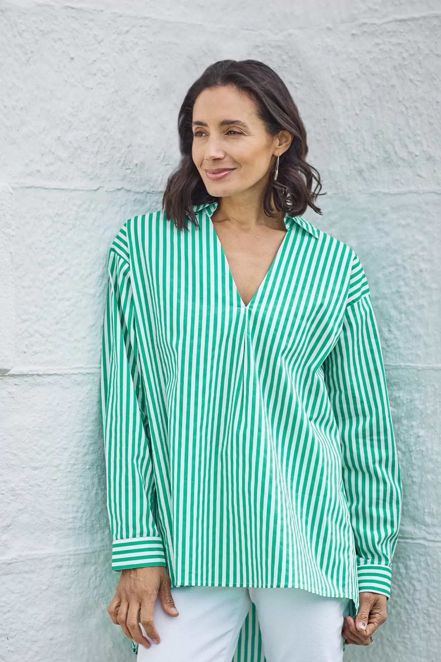 New Lynette Collared Long Sleeve Shirt Striped Green Long Sleeve