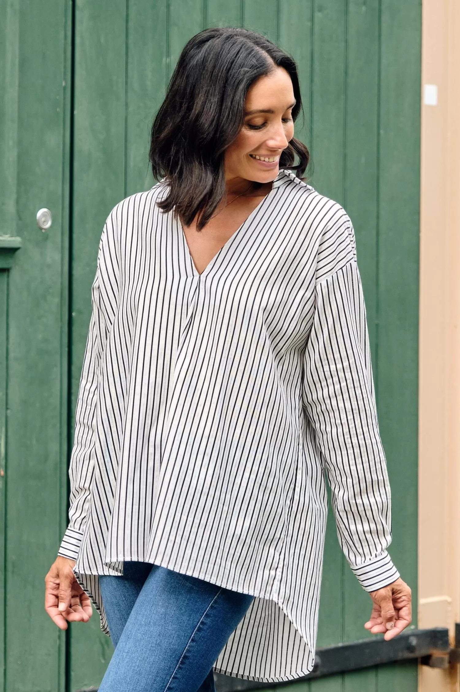 Hot Lynette Collared Long Sleeve Shirt Striped Navy with Lurex Long Sleeve