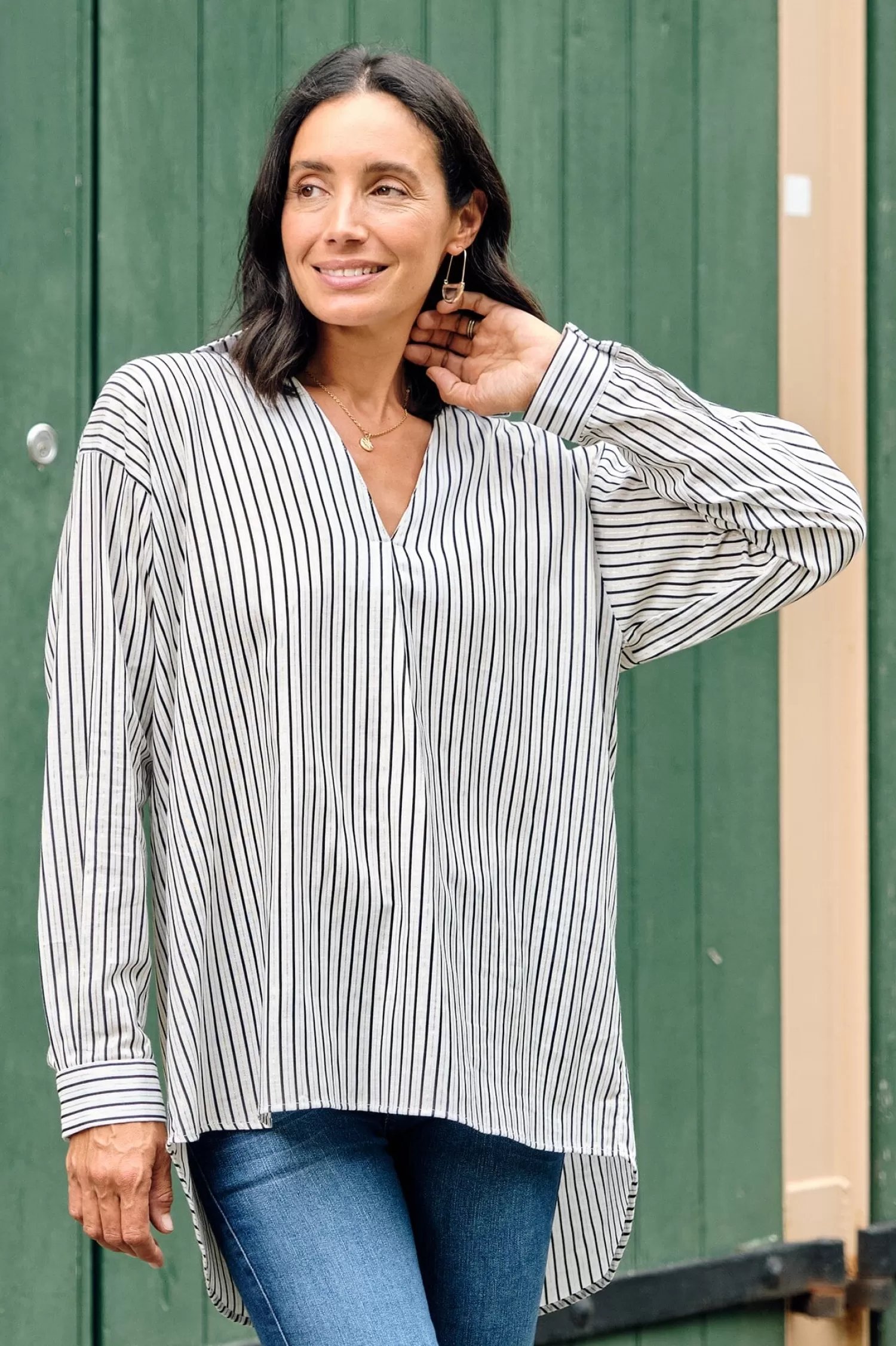 Hot Lynette Collared Long Sleeve Shirt Striped Navy with Lurex Long Sleeve