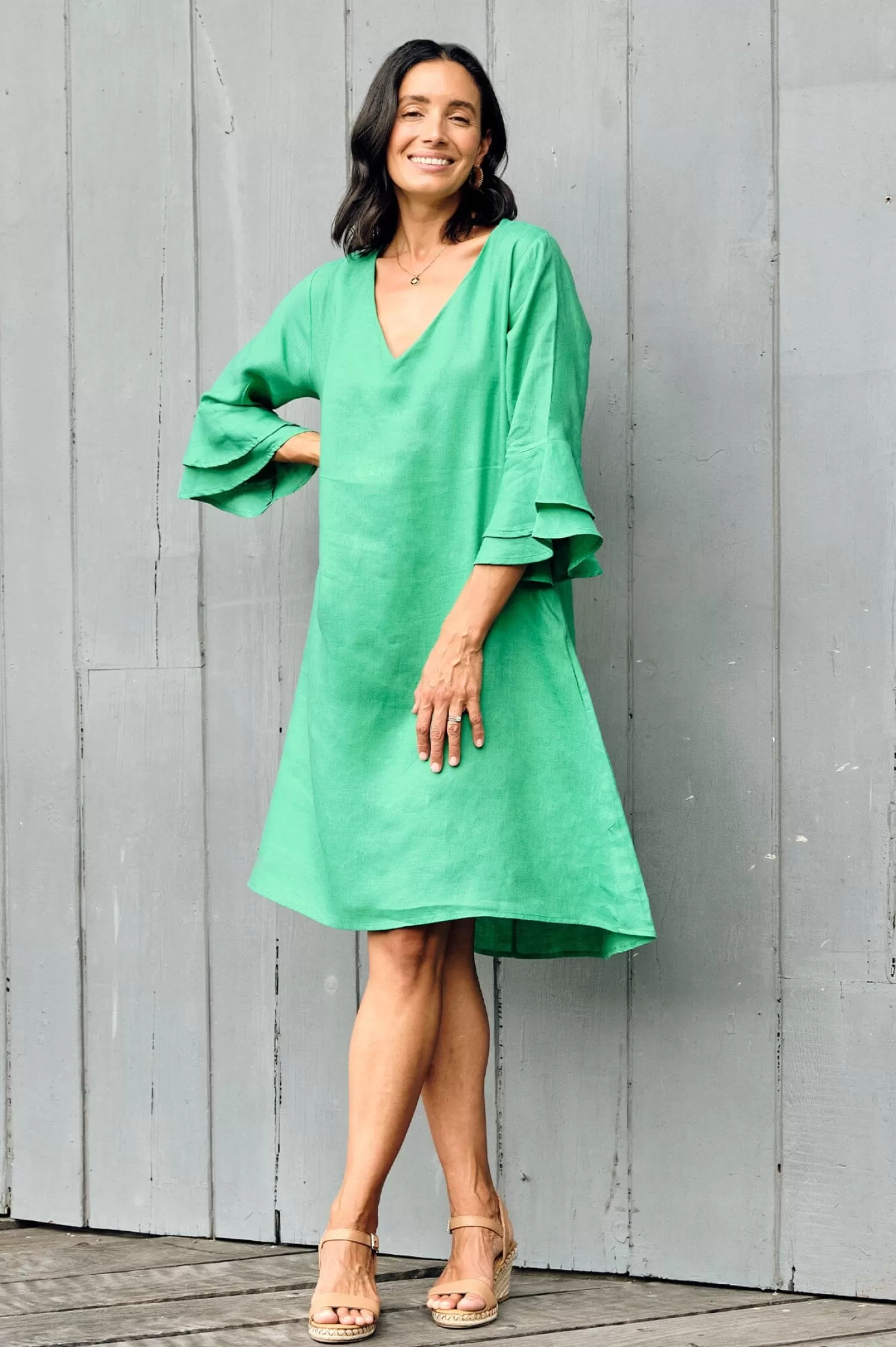 Cheap Mari Pure Linen Dress Emerald Short Sleeve