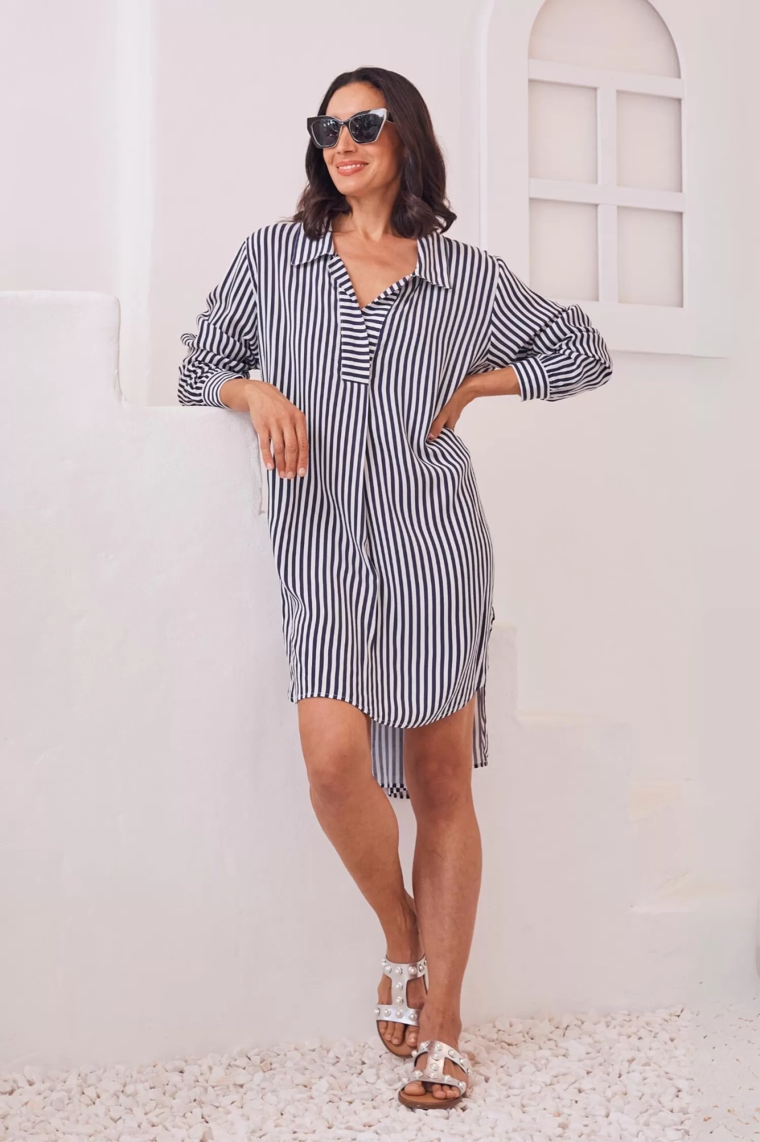 Sale Monaco Striped Dress Shirt Dark Navy and White Short Sleeve | Long Sleeve