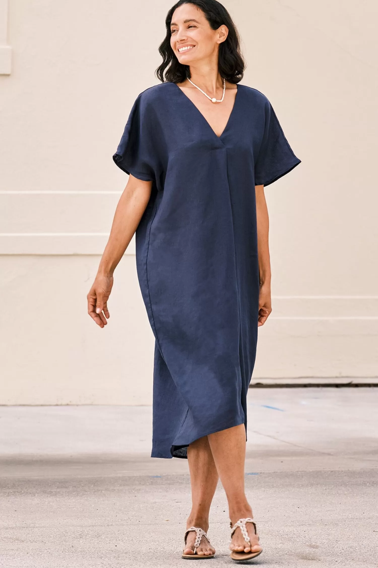 Sale Nadia Pure Linen Dress Navy Short Sleeve