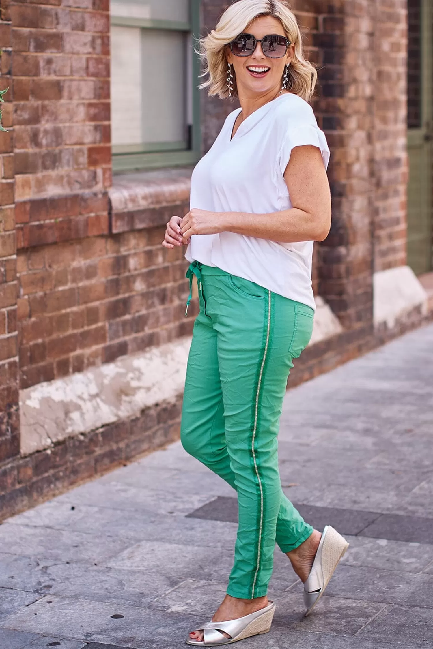 Outlet Rhinestone Side Stripe Crinkle Jogger Lime Green Joggers