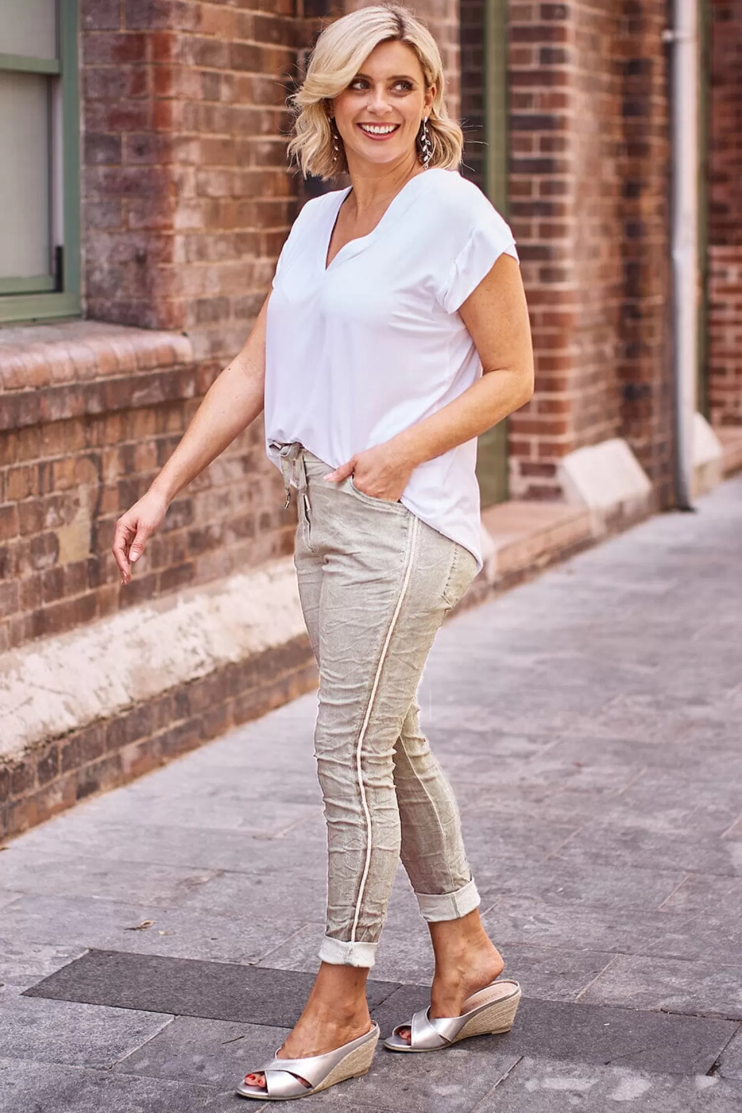 Sale Rhinestone Side Stripe Crinkle Jogger Sand Joggers