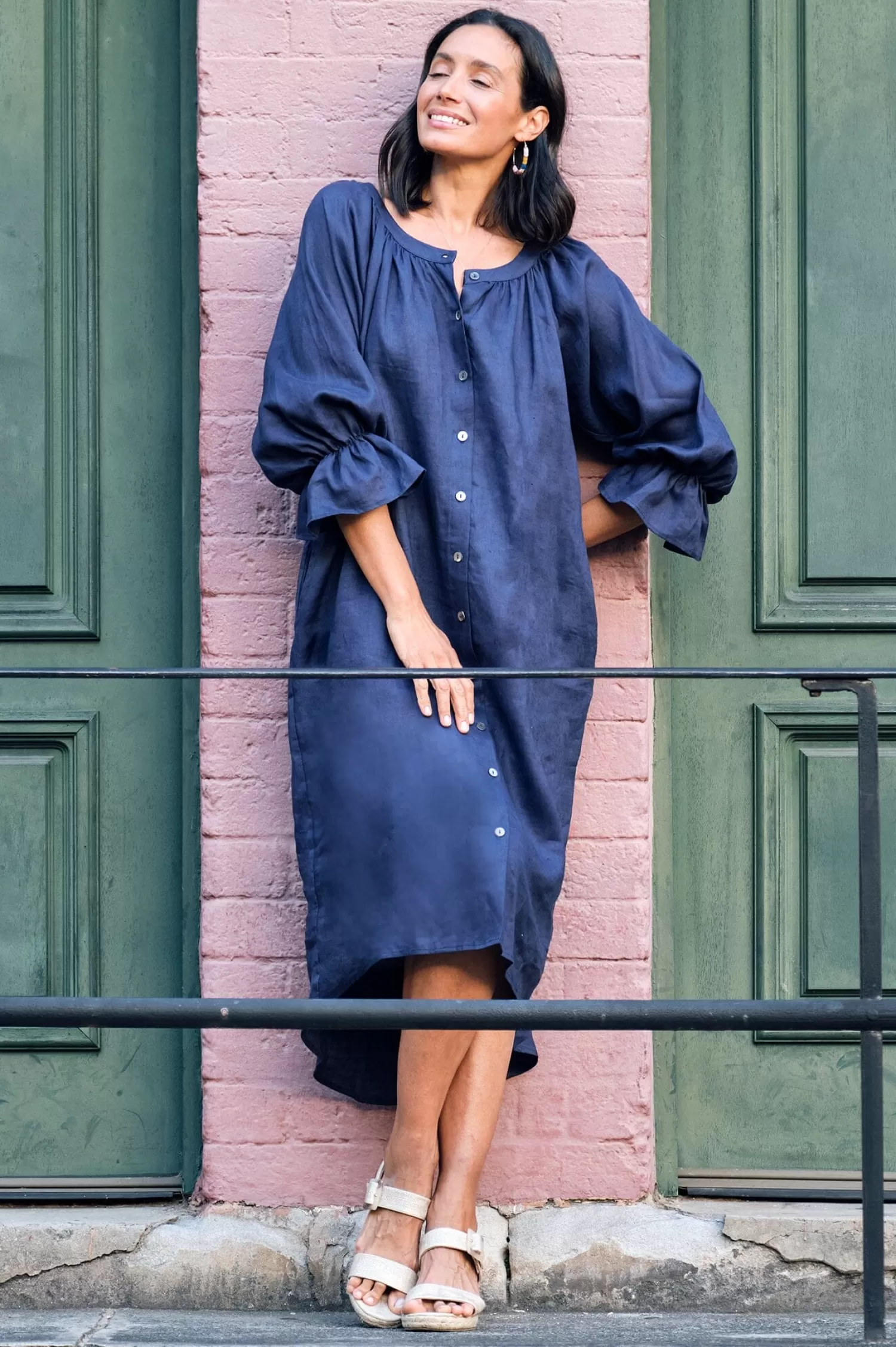 Best Sandra Linen Long Sleeve Dress Navy Long Sleeve | Short Sleeve