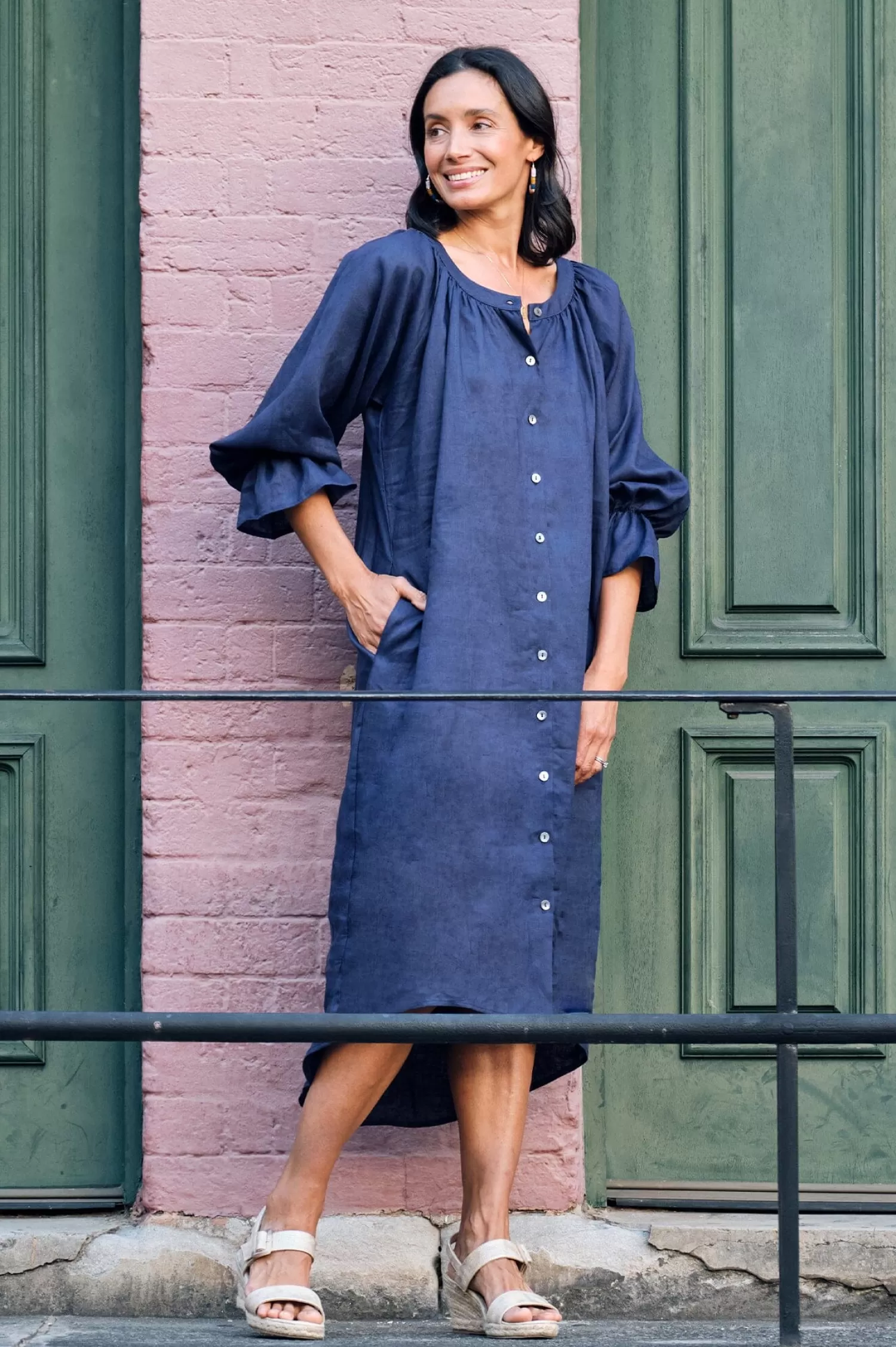 Best Sandra Linen Long Sleeve Dress Navy Long Sleeve | Short Sleeve