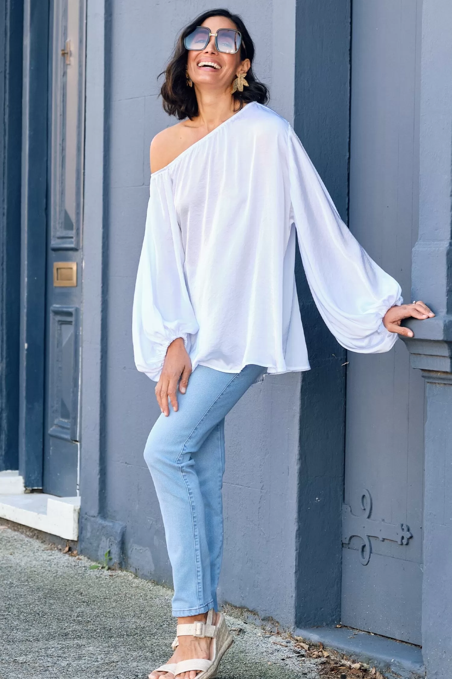 Cheap Sienna Round Neck Top White Long Sleeve