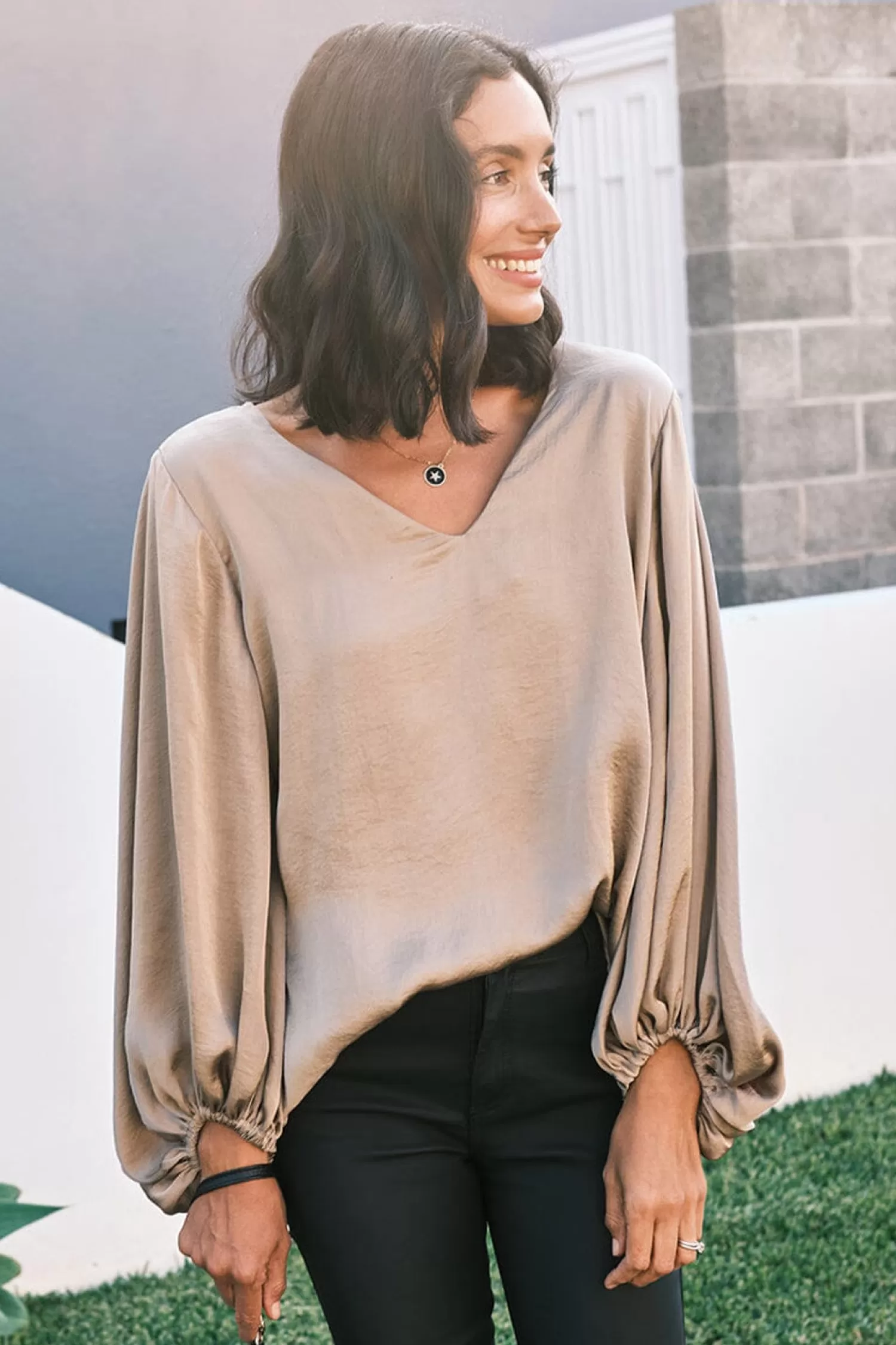 Discount Sovana V-Neck Long Sleeve Top Almond Sovana Tops | Long Sleeve