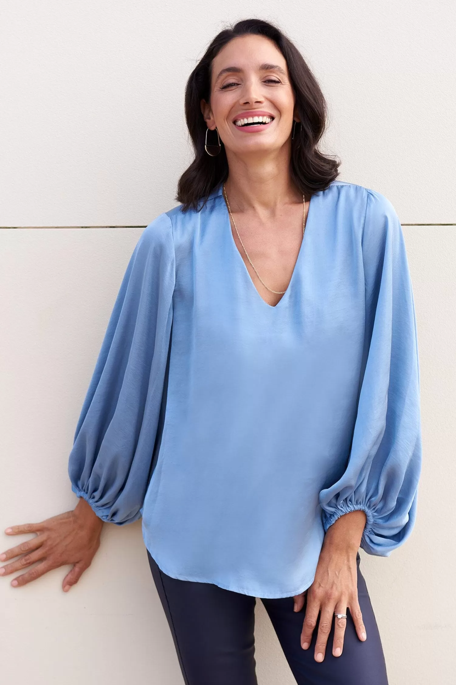 Shop Sovana V-Neck Long Sleeve Top Blue Grey Sovana Tops | Long Sleeve