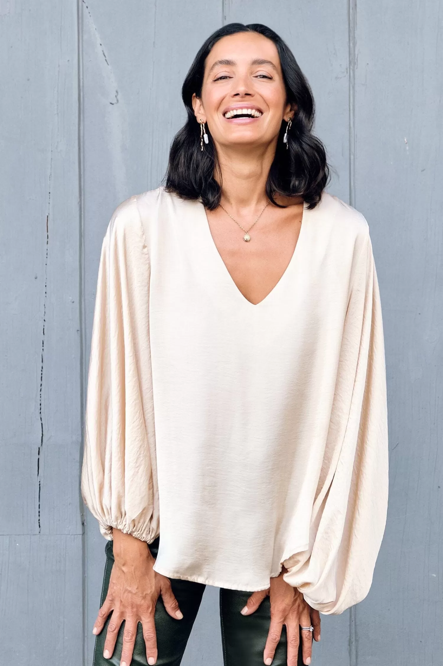 Discount Sovana V-Neck Long Sleeve Top Light Gold Sovana Tops | Long Sleeve