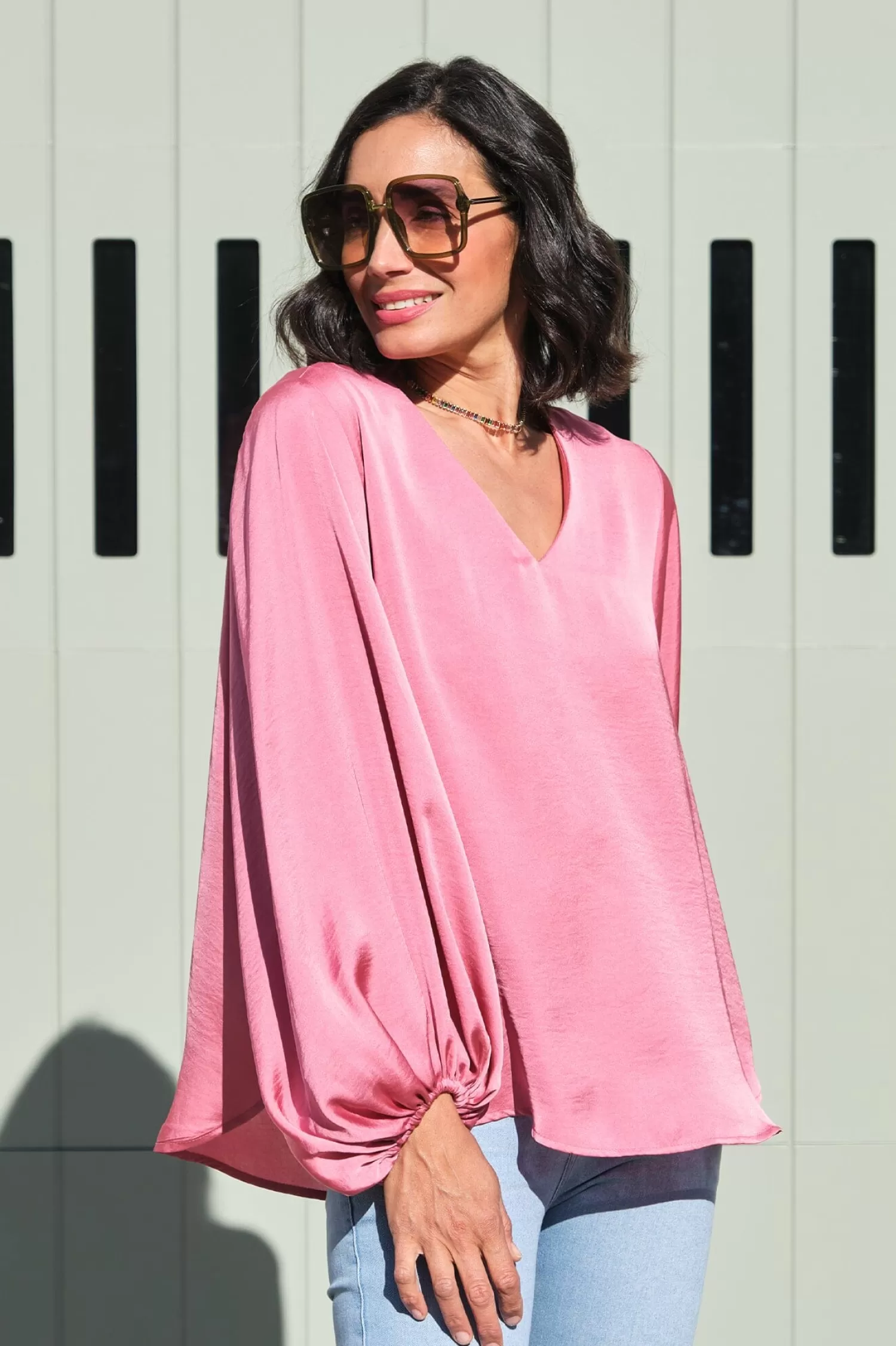 Outlet Sovana V-neck Long Sleeve Top Pink Sovana Tops | Long Sleeve