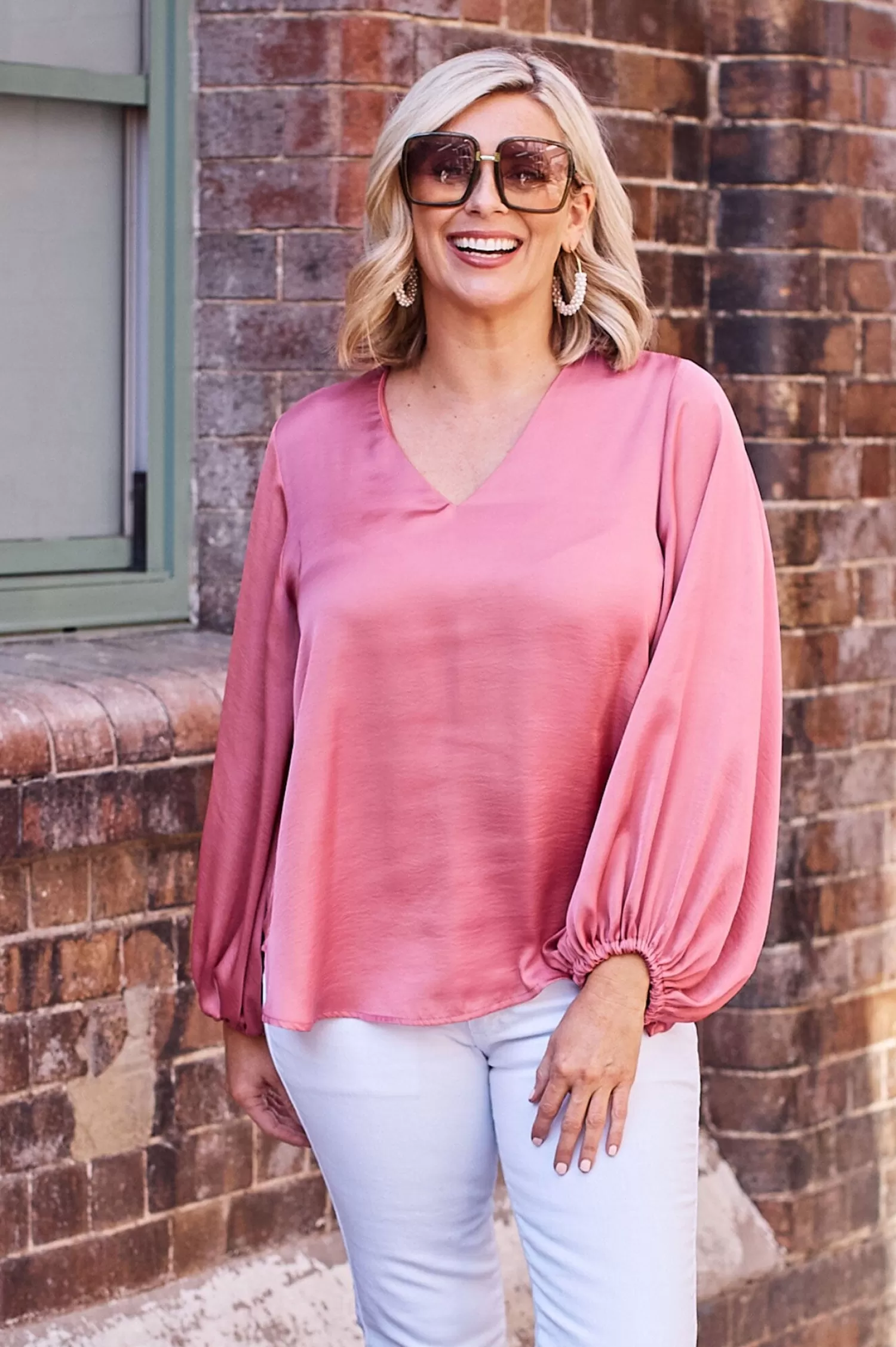 Outlet Sovana V-neck Long Sleeve Top Pink Sovana Tops | Long Sleeve