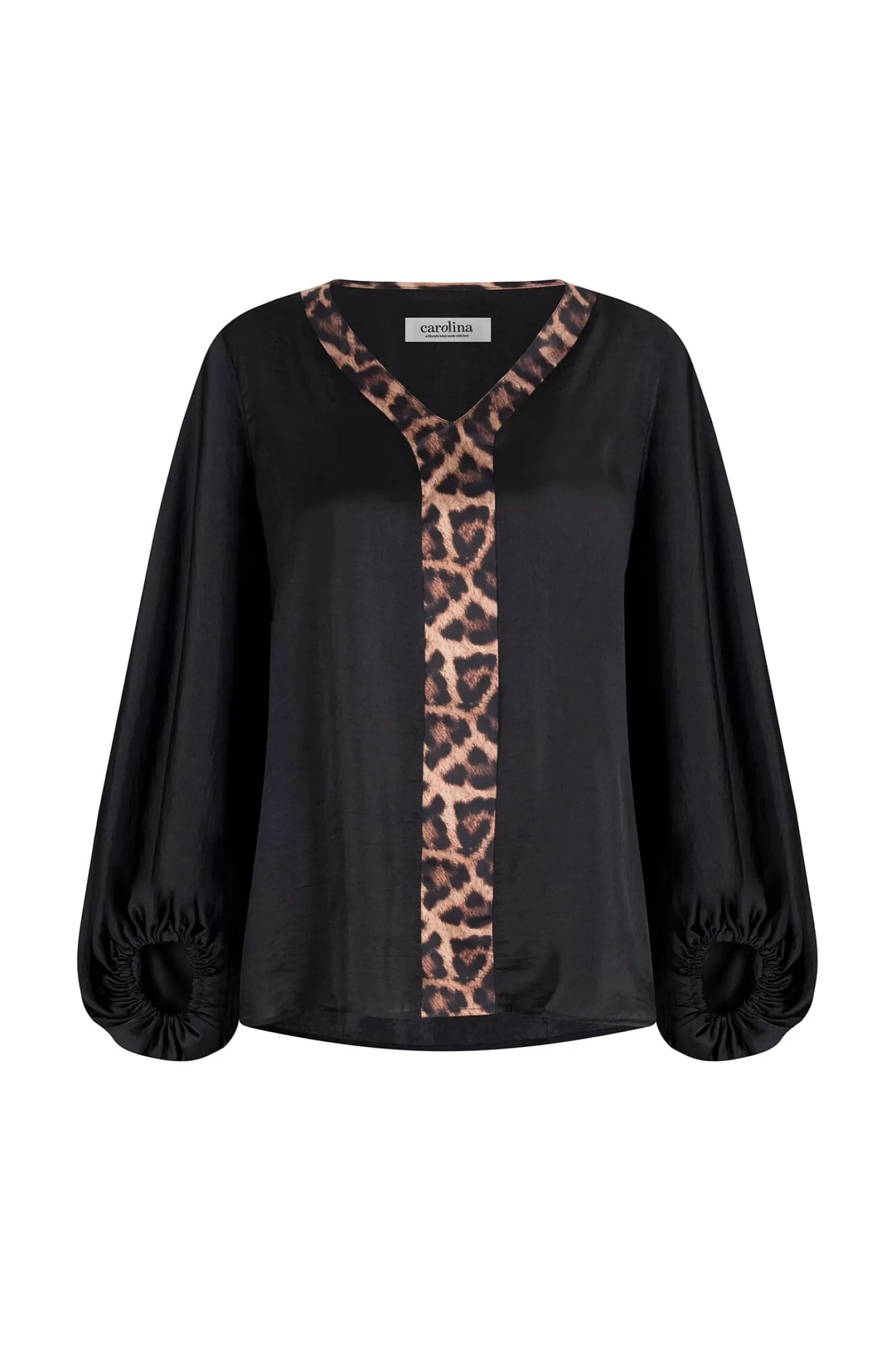 Hot Sovana V-Neck Top Black with Animal Trim Sovana Tops | Long Sleeve