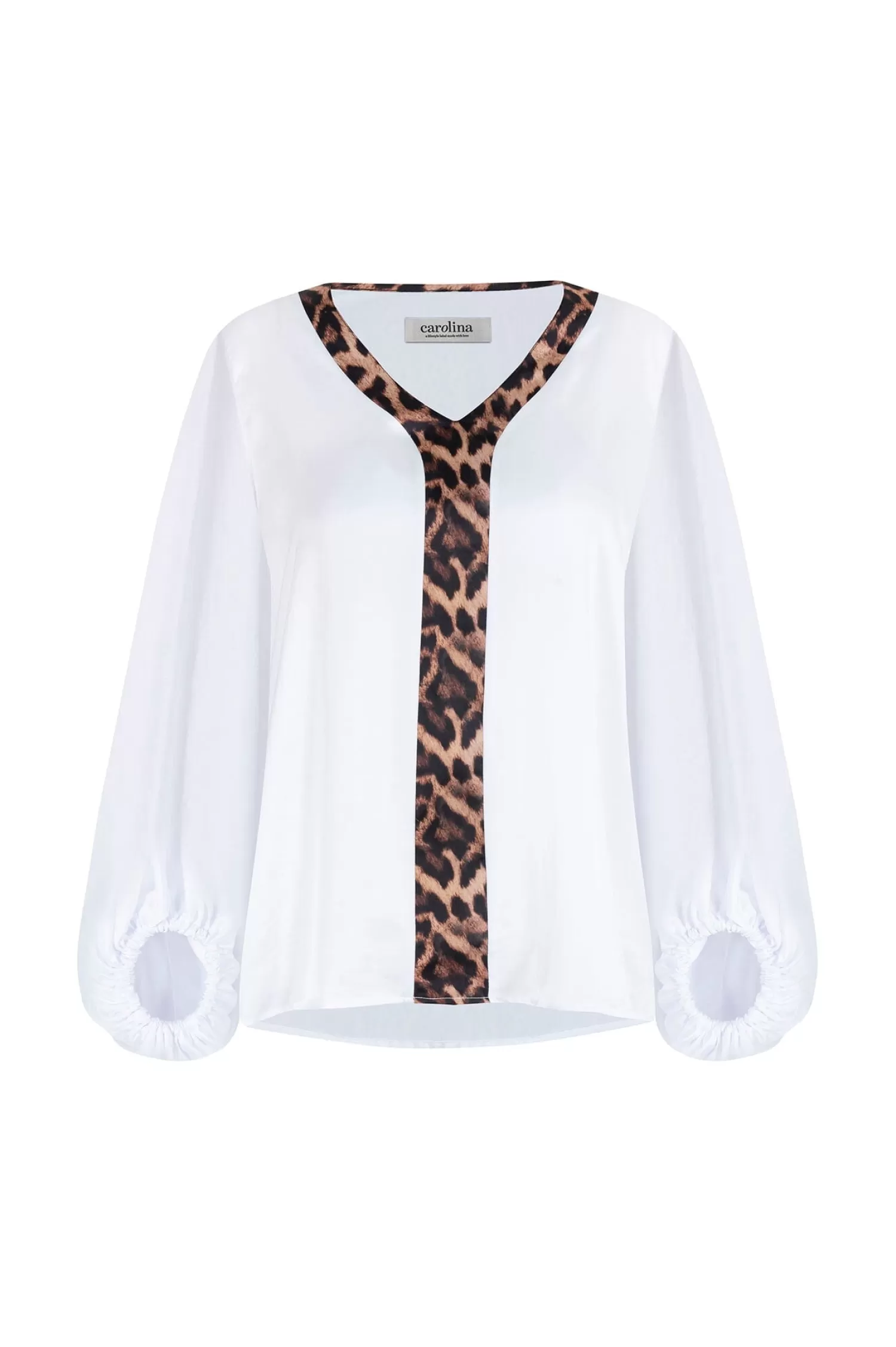 Clearance Sovana V-Neck Top White with Animal Trim Sovana Tops | Long Sleeve