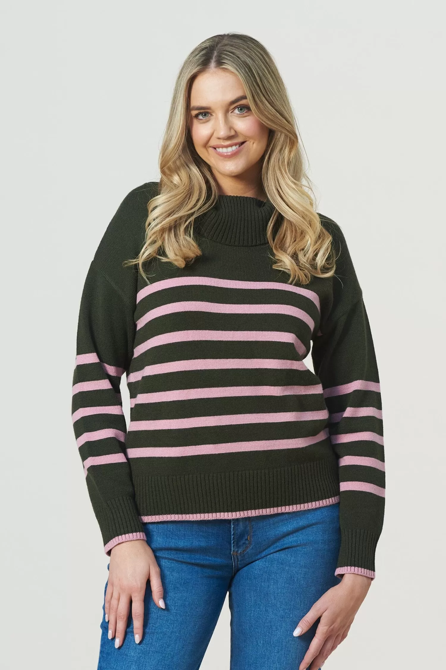 New Tamara Striped Jumper Forest Green & Blush Knitwear