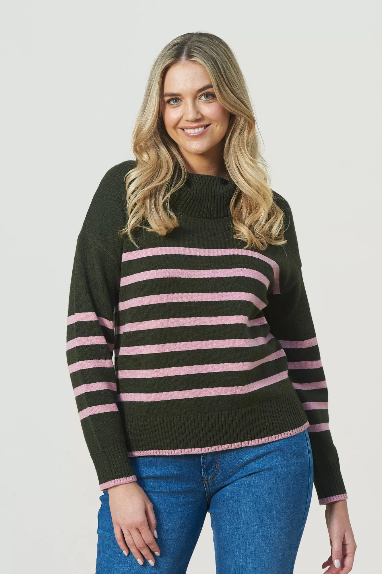 New Tamara Striped Jumper Forest Green & Blush Knitwear