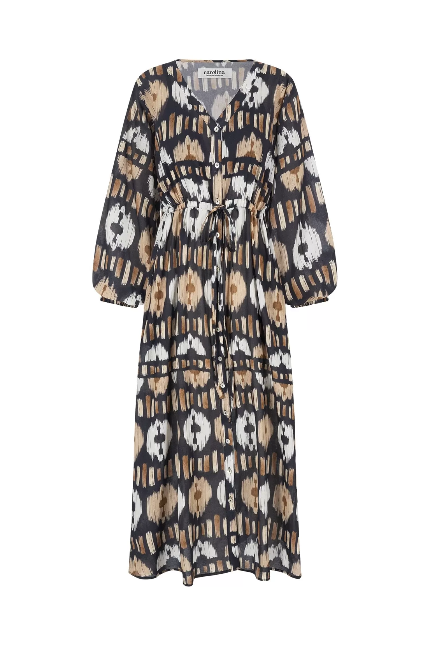 Discount Tyla Print Dress Black and Camel Long Sleeve