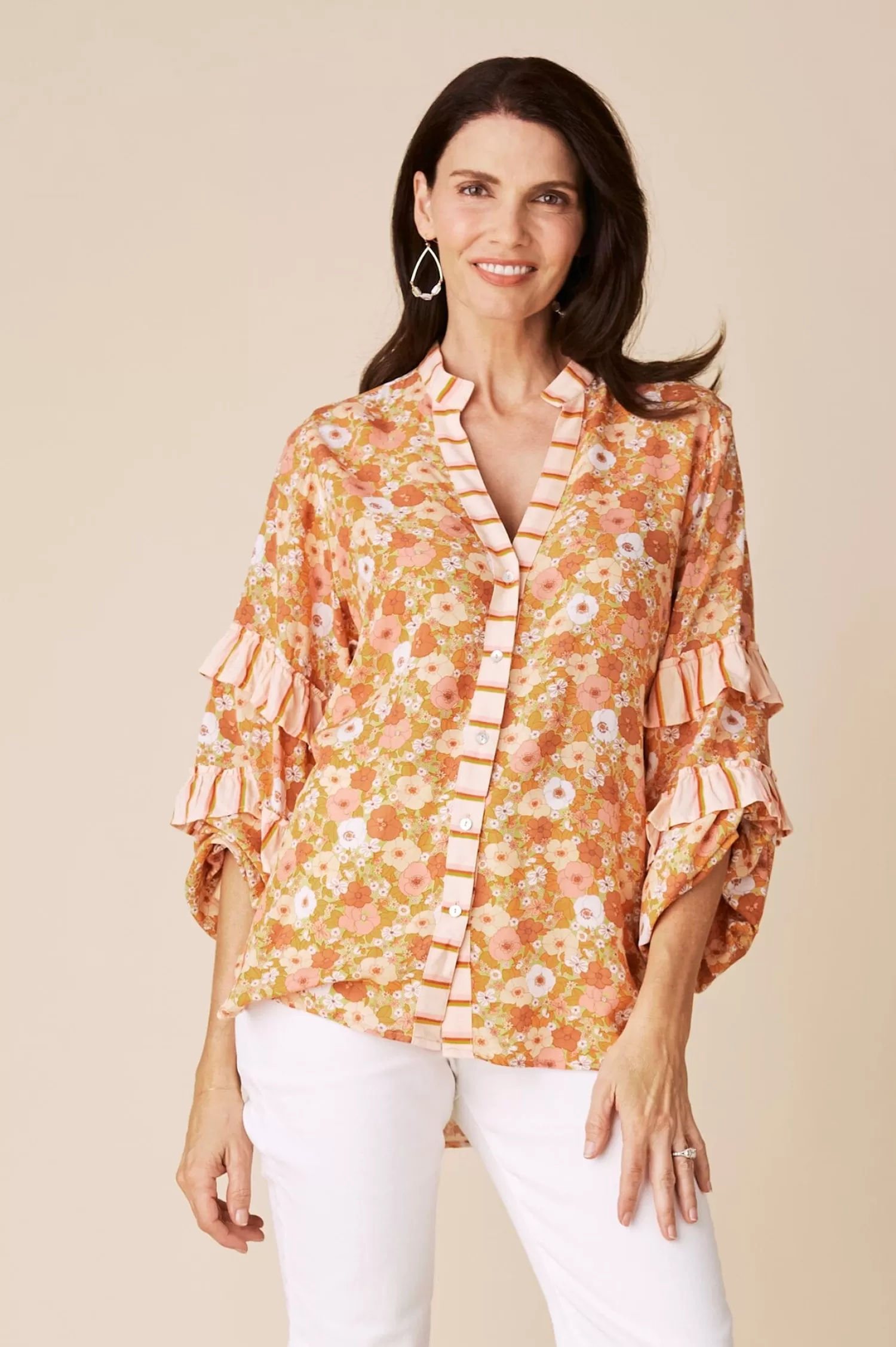 Cheap Valletta Long Sleeve Top Dana Print Papaya Long Sleeve