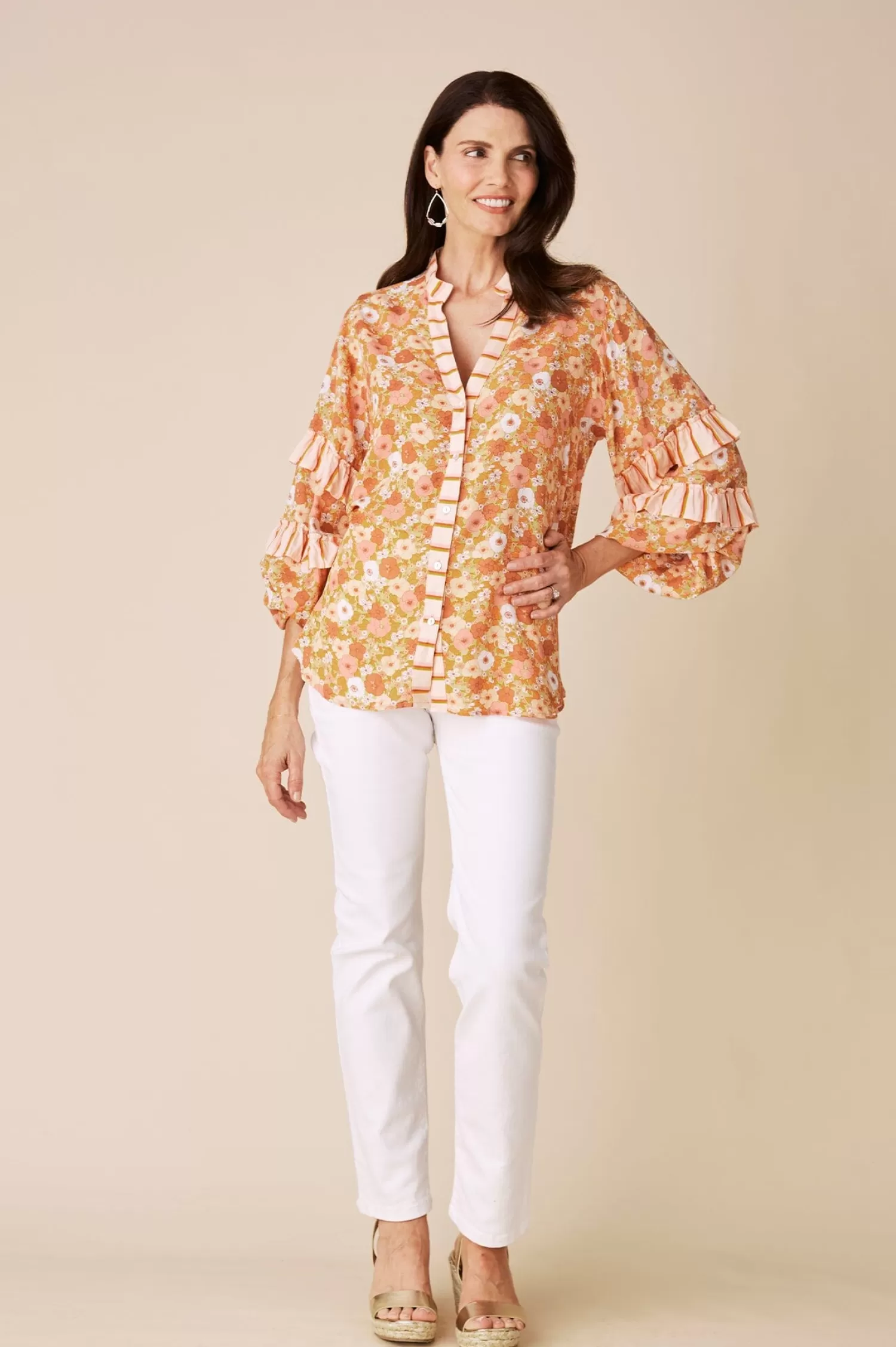 Cheap Valletta Long Sleeve Top Dana Print Papaya Long Sleeve