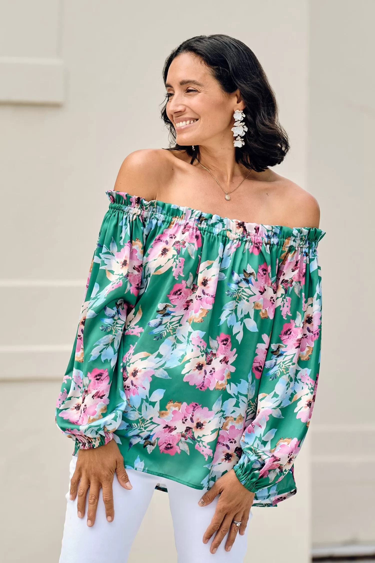 Cheap Xenia Off Shoulder Top Bella Print Emerald Short Sleeve