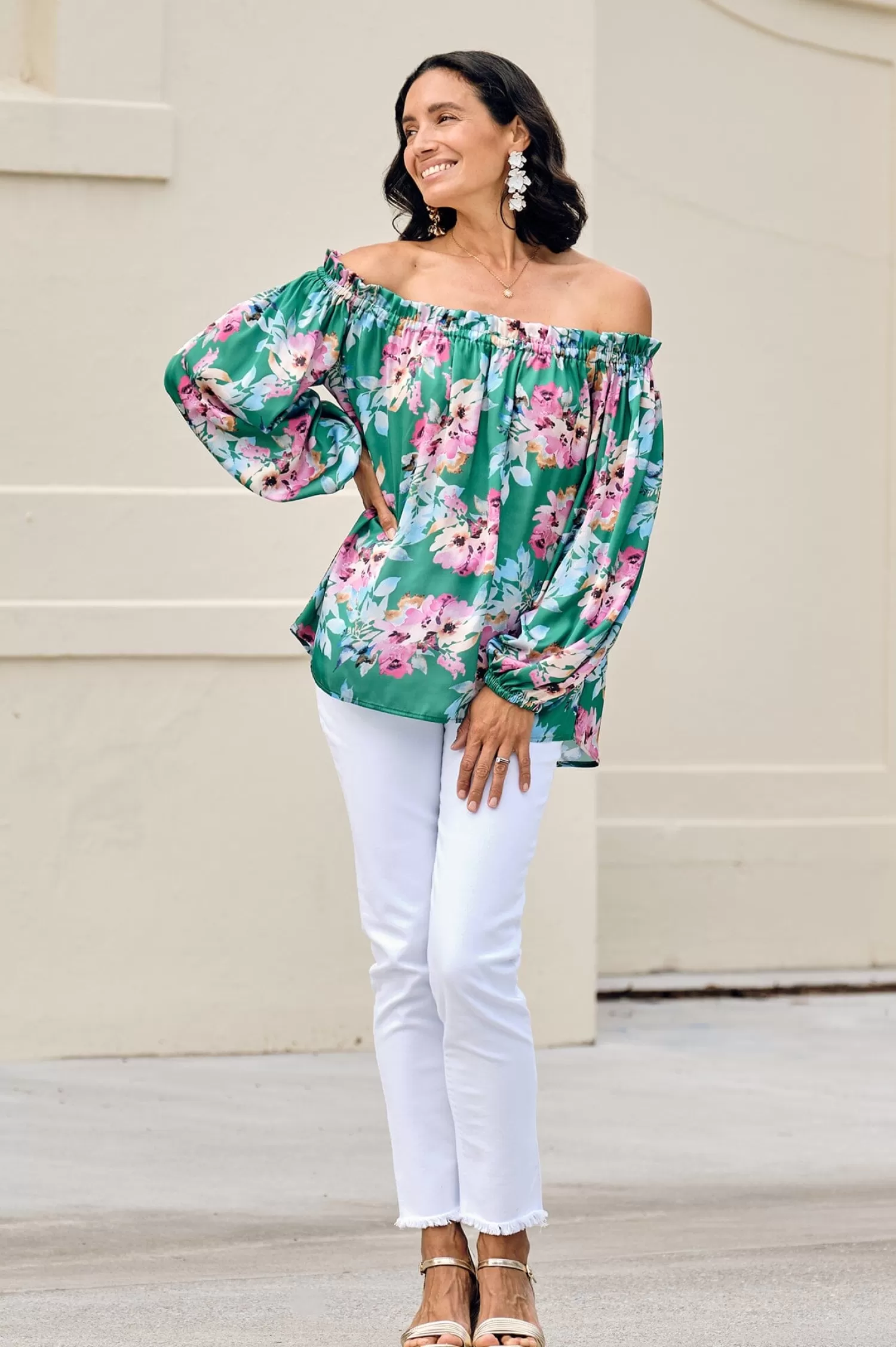 Cheap Xenia Off Shoulder Top Bella Print Emerald Short Sleeve