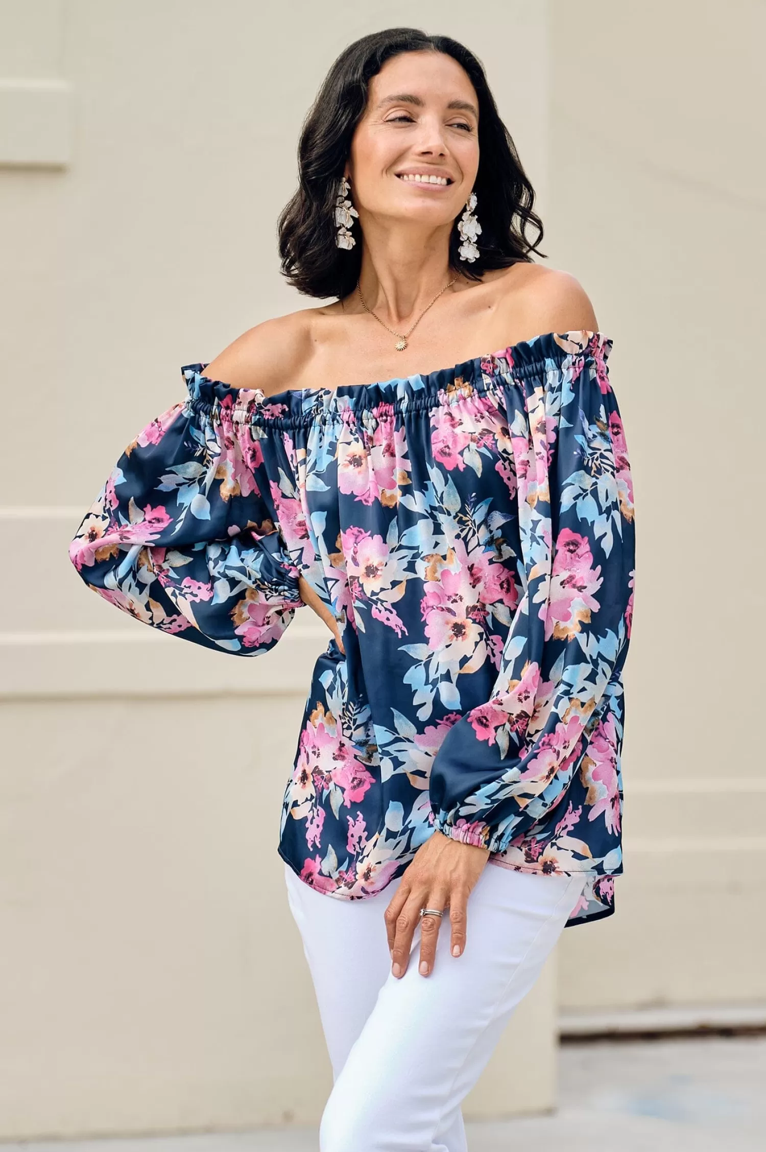 Best Sale Xenia Off Shoulder Top Bella Print Navy Short Sleeve