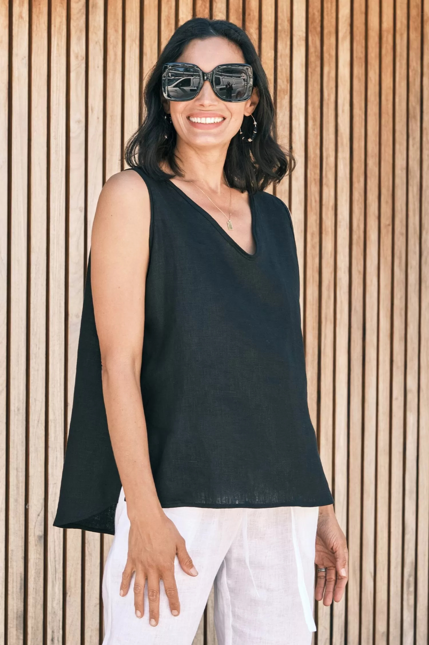 Best Zoe Linen Sleeveless Top Black Short Sleeve