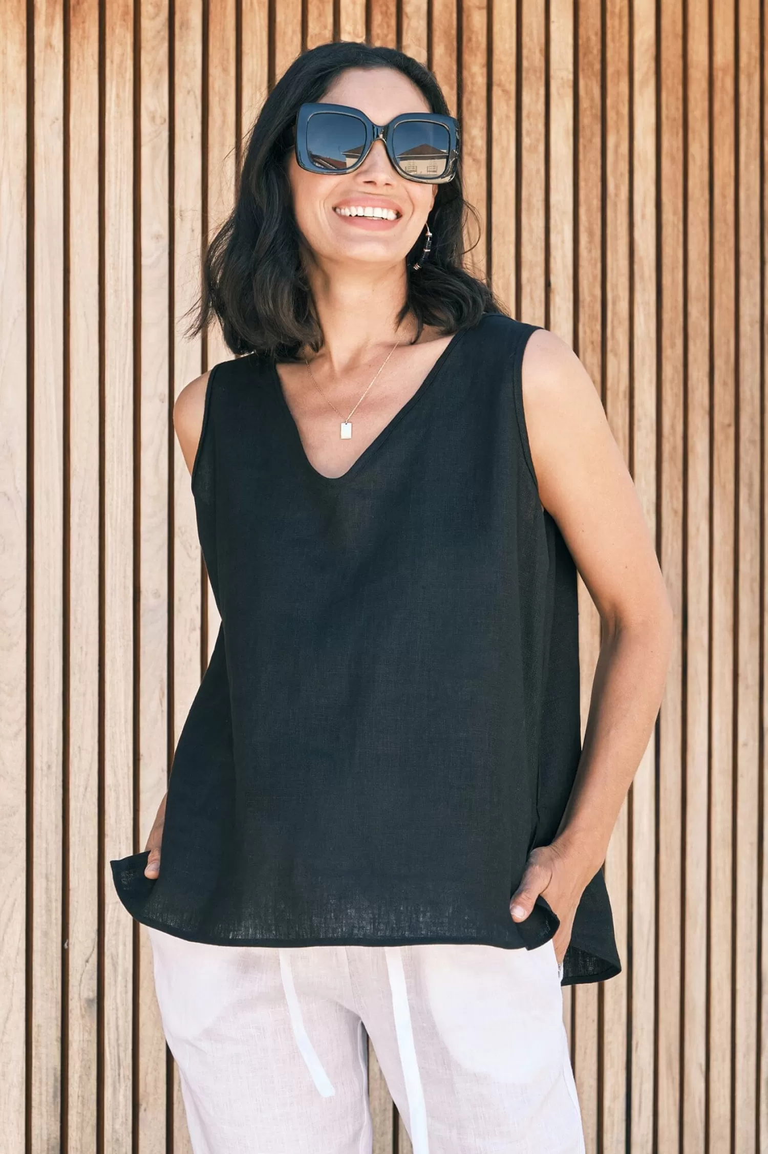 Best Zoe Linen Sleeveless Top Black Short Sleeve