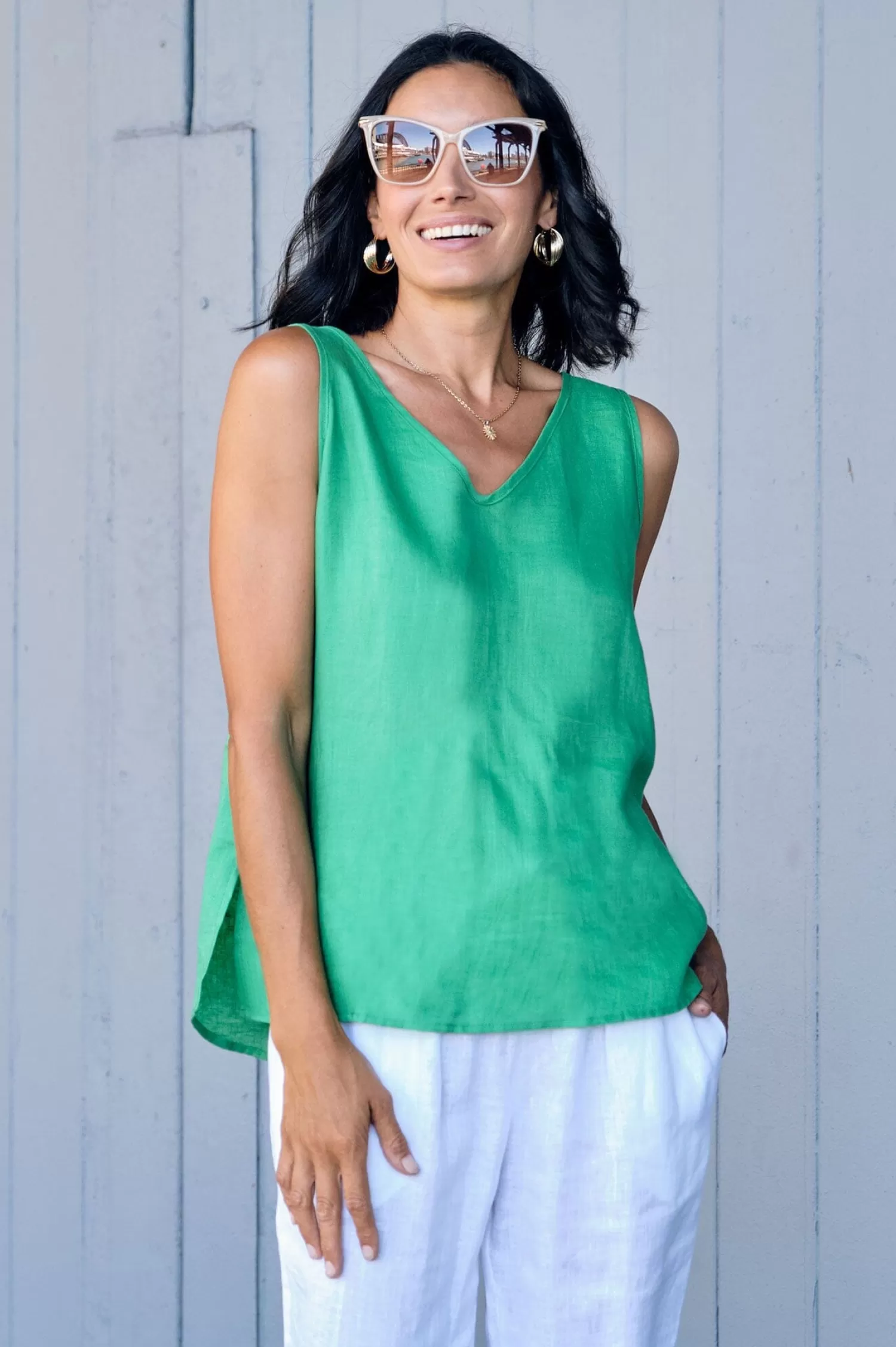 Cheap Zoe Linen Sleeveless Top Emerald Short Sleeve